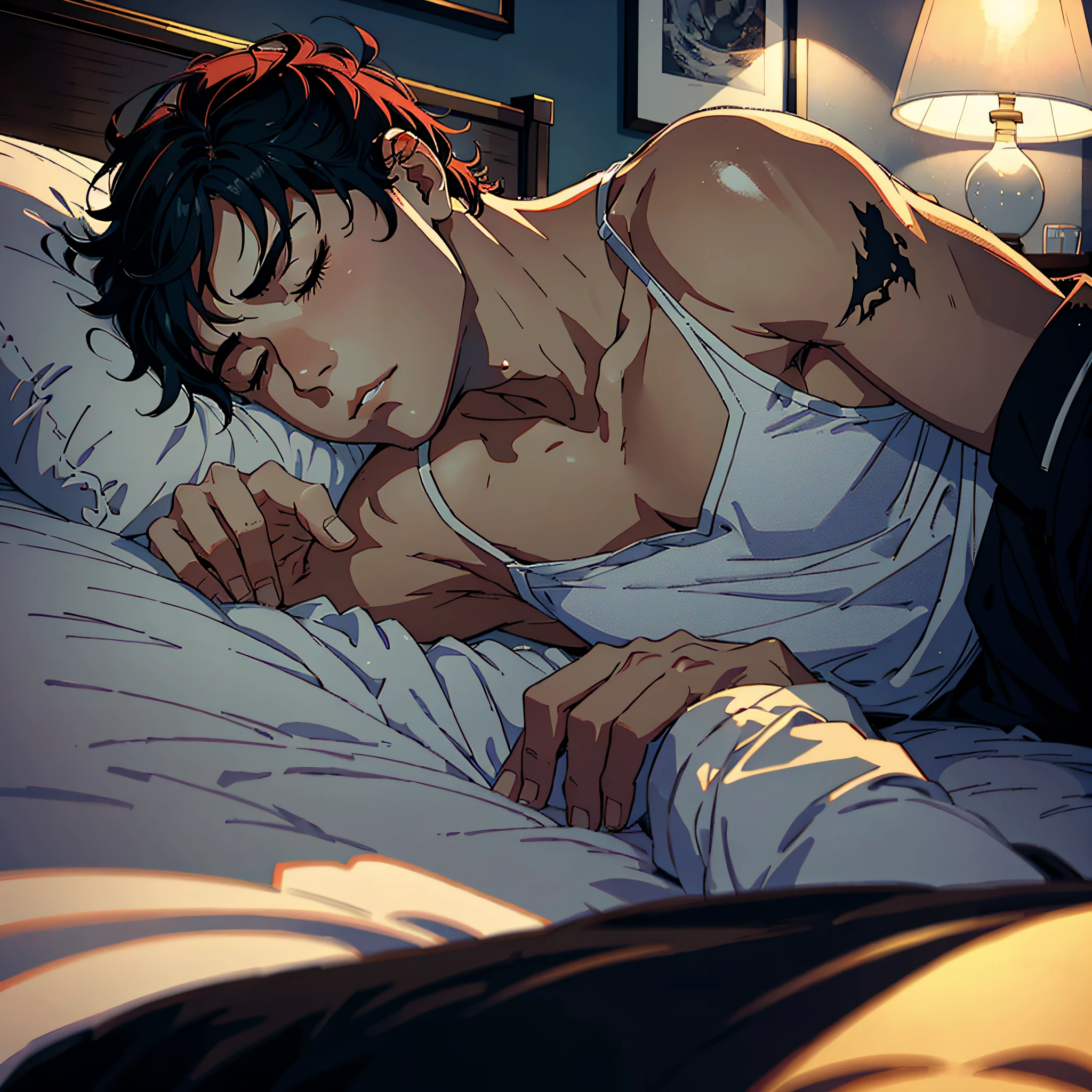 Best quality, finest drawing, 1 man lying on bed, short black hair, black eyes, handsome, reddish face, eyes closed, asleep, hotel bedroom in the background