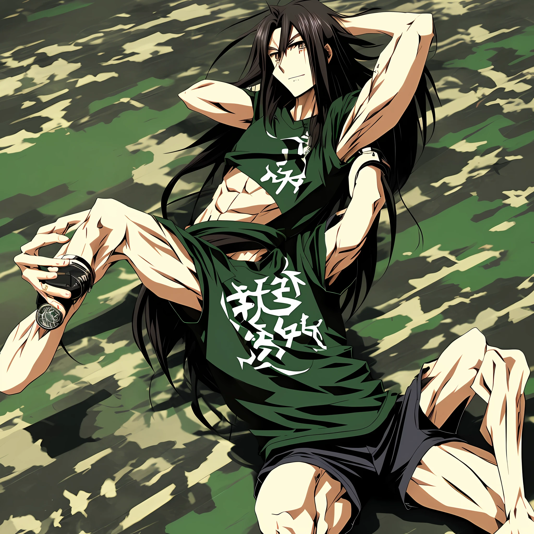 Man with long black hair, brown eyes, torn black T-shirt, camouflaged green shorts, sitting with one leg lying down and the other raised, hand over leg, anime manga style