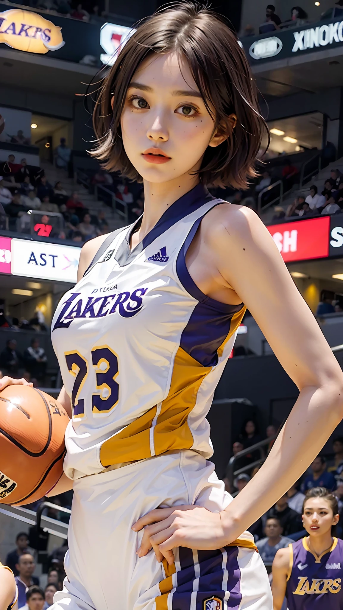 Woman in basketball suit, short hair, shooting, Lakers jersey