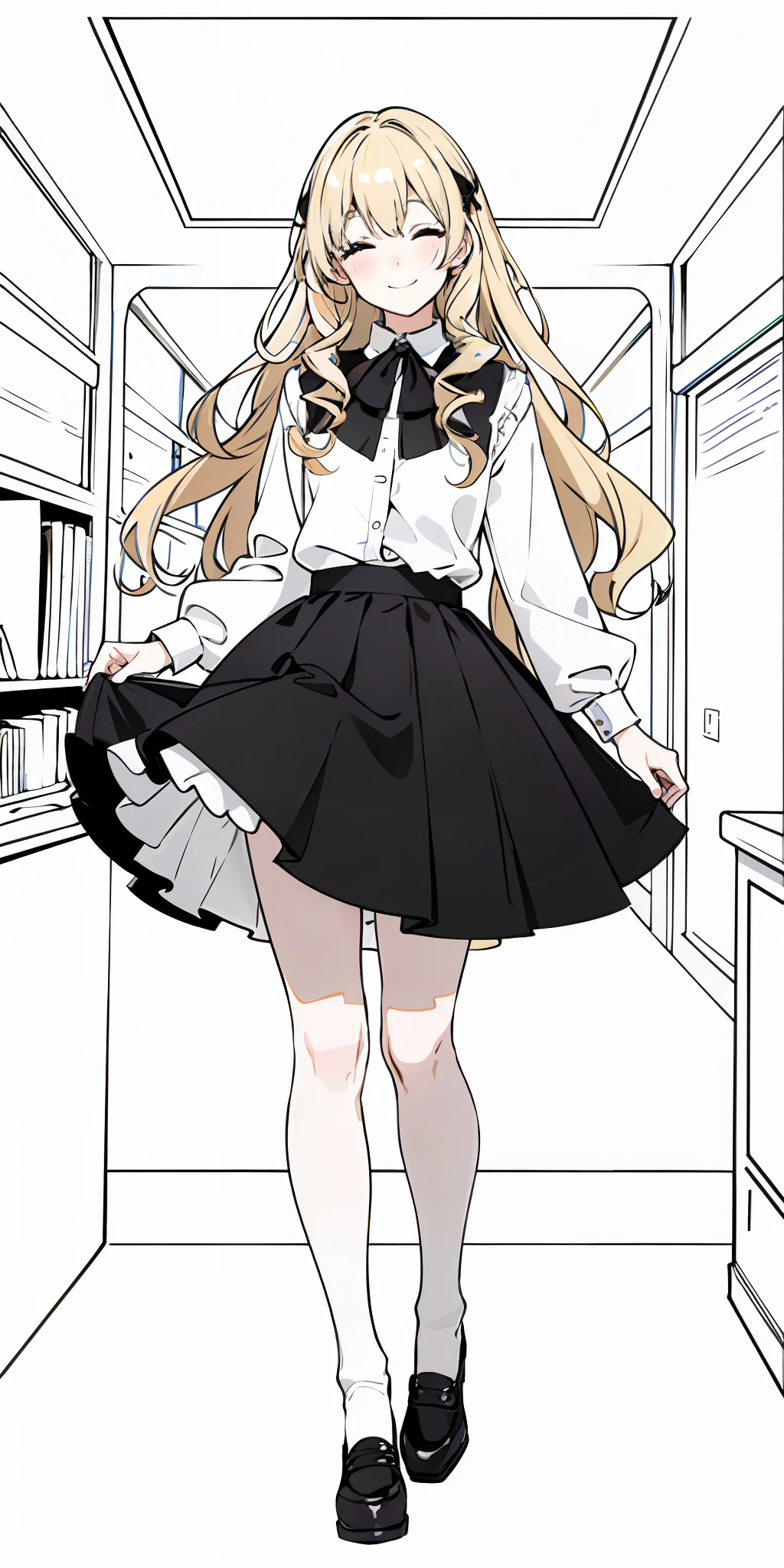 Color, (Masterpiece: 1.4), (Best Quality: 1.4), 8K, HD, Ultra HD, 1 Girl, (Big: 1.4), Long Blonde Hair,Small White Clothing, Short Black Skirt, White Socks, Desk, Reading, Holding a Pen, Curly, Blushing, (Smiling Happily), (Covering Hands, Covering Eyes)), Classroom, Blackboard