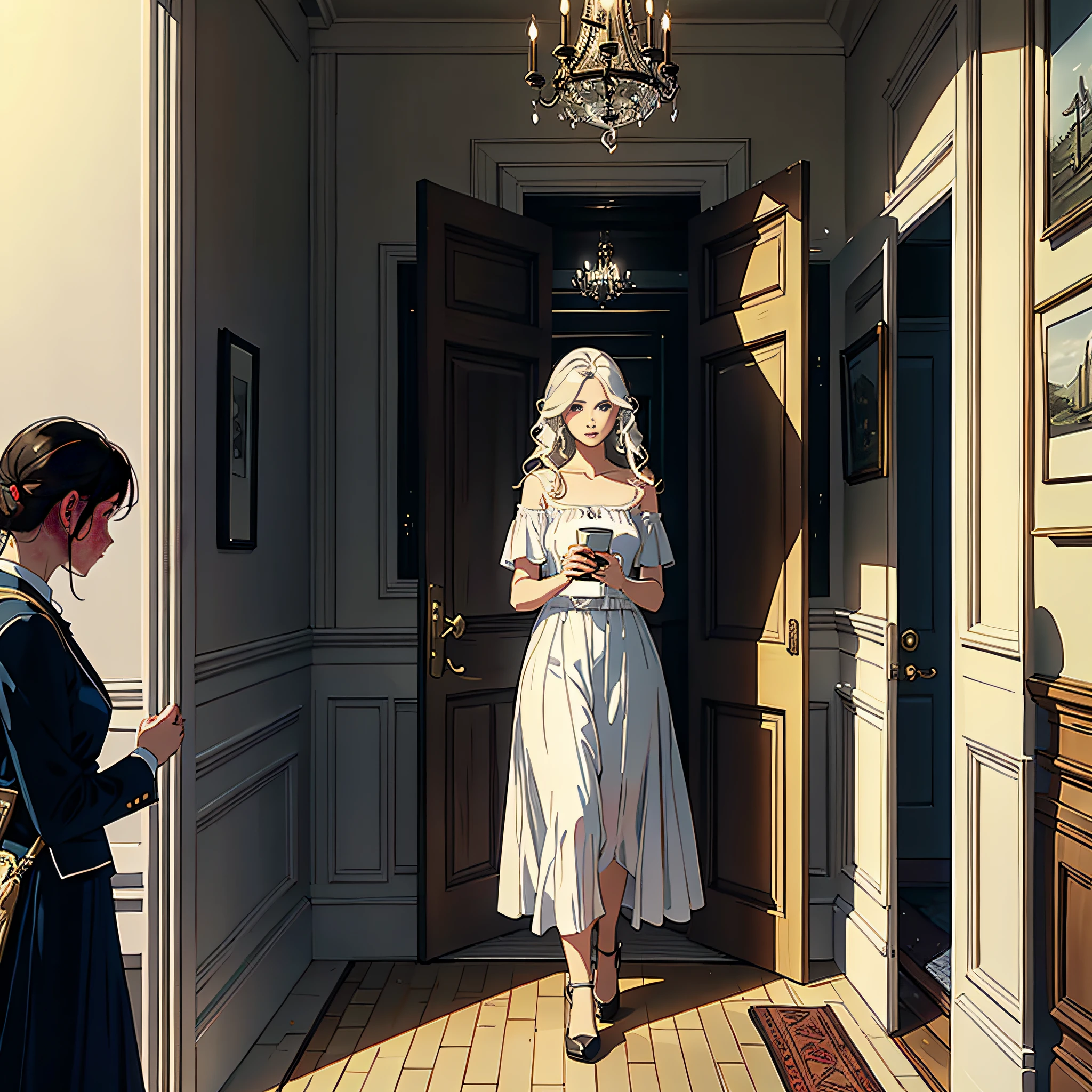 The best quality, the finest drawings, the open door, a group of people standing in front of the door, led by a woman in a white dress