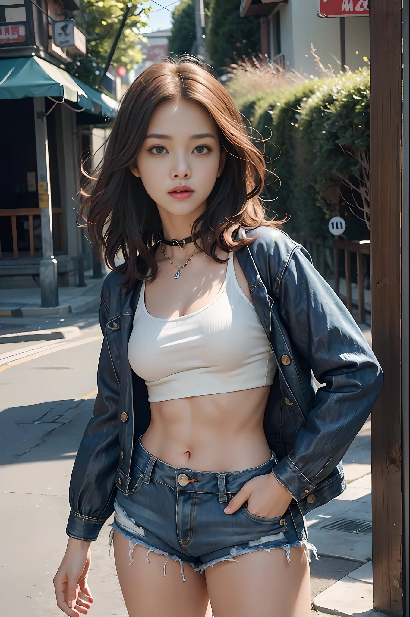 (big boobs, tomboy, small head)), (well-defined abs: 1.1), (perfect figure: 1.1), (short wavy hair: 1.2), auburn hair, collar, chain, full body shot, crowded street, wearing a black vest, denim jacket, (shorts)), (extremely detailed CG 8k wallpaper), (extremely delicate and beautiful), (extremely delicate and beautiful), (masterpiece), (best quality: 1.0), (ultra high resolution: 1.0), (ultra high resolution: 1.0), beautiful lighting, perfect flash Realistic shadows, [high res], delicate skin, ultra-detailed (((Colorful)))