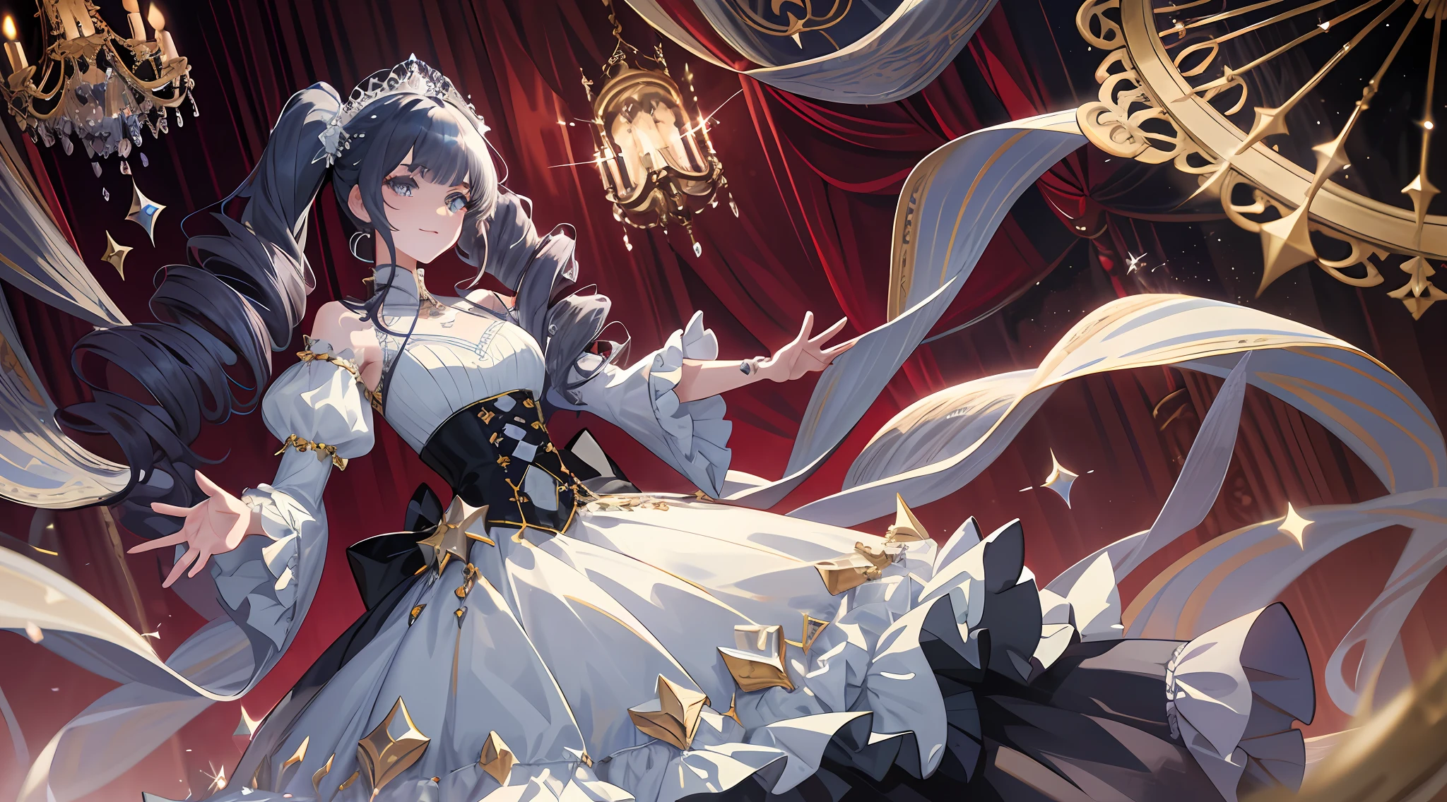 Dramatic composition, court-style dresses, royal, gorgeous, cascading frills, ruffles, bows, crystal chandeliers, Roman curly hairstyles, ponet, double ponytails like drills, look at the camera, bangs, maximalism, palatial background, delicate portrayal of hair and eyes, princess dresses, gorgeous skirts, flowers in hand, smiles, starry eyes, cinematic light, extreme detail, high definition, happy girl, very long hair, diamonds, broken diamonds, crystal fragments, light particles