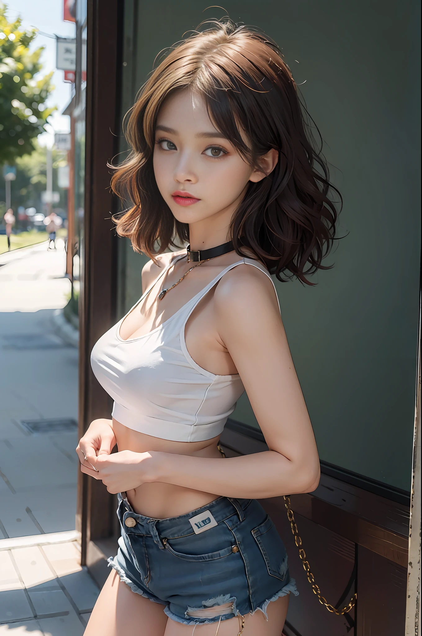 (big boobs, tomboy, small head)), (well-defined abs: 1.1), (perfect figure: 1.1), (short wavy hair: 1.2), auburn hair, collar, chain, full body shot, crowded street, wearing a black vest, denim jacket, (shorts)), (extremely detailed CG 8k wallpaper), (extremely delicate and beautiful), (extremely delicate and beautiful), (masterpiece), (best quality: 1.0), (ultra high resolution: 1.0), (ultra high resolution: 1.0), beautiful lighting, perfect flash Realistic shadows, [high res], delicate skin, ultra-detailed (((Colorful)))