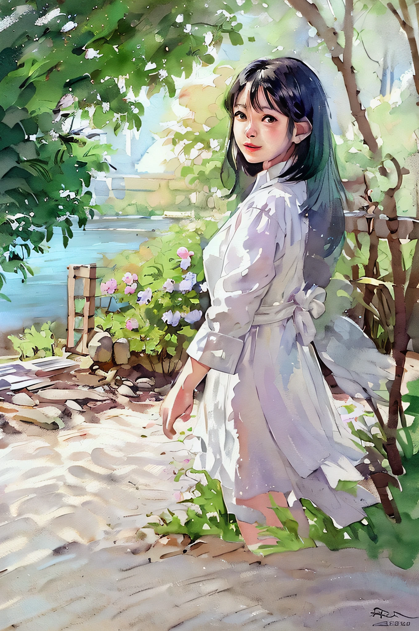 Stepu,(White background:1.4),(Standing picture),Original,(Illustration:1.1),(Best quality),(Masterpiece:1.1),(Super detailed CG unified 8k wallpaper:1.1),(Colorful:0.9),(Panorama shot:1.4),(Solo:1.2),(Ink splash),(Color splash),((Watercolor)),Face and body facing forward, showing white teeth and smiling, Face to chest upscale, Clear Sharp Focus,{ 1 girl standing},(Korean style),Flower background,outdoors,rocks, watch viewer, make happy expression, soft smile, pure, beautiful face and eyes, beautiful complex clothes decoration pattern details, black hair, black eyes, colored water