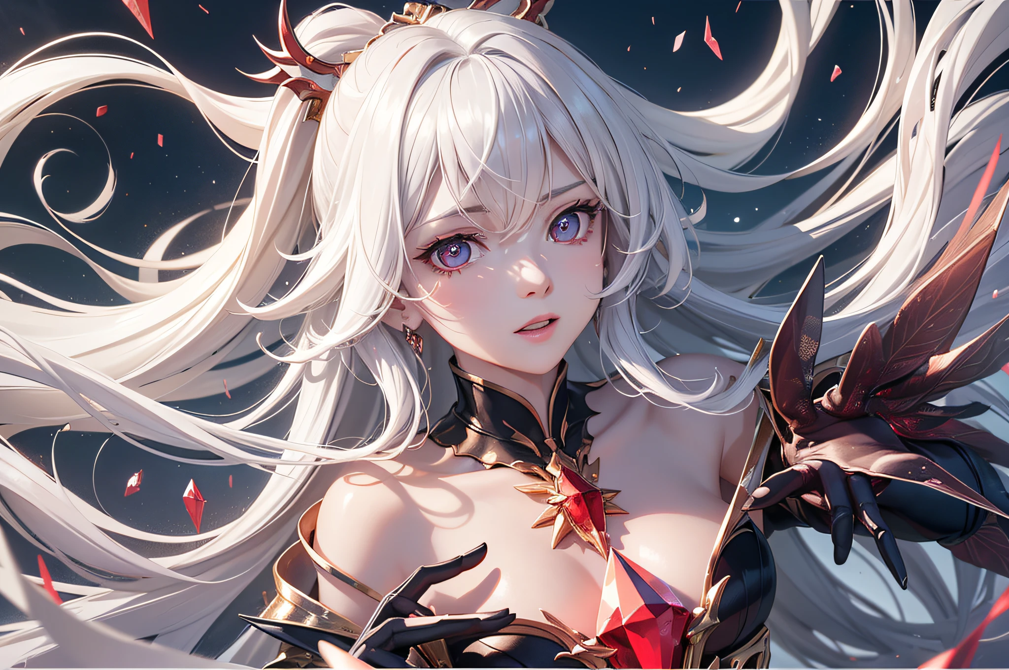 {{masterpiece}},illustration,best quality,extremely detailed CG unity 8k wallpaper,original,high resolution,oversized documents,portrait,{{{{{extremely delicate and beautiful girl}}}}},{{artbook}},{precise geometry},{{{fantasy}}},white hair,very long hair,gem hair,messy hair,floating hair,hair flowing in the wind,red eyes,beautiful detail eyes,jewel eyes,{{red crystal armor}},red crystal decoration,{{red crystal dragon}},{{red crystal}},fog,drifting ashes,breeze,ashes,casting spells,ice crystal magic,depth of field,{lens flare},good lighting,{{{{ray tracing}}}},glittering,sparkling,dynamic angle,cinematic angle