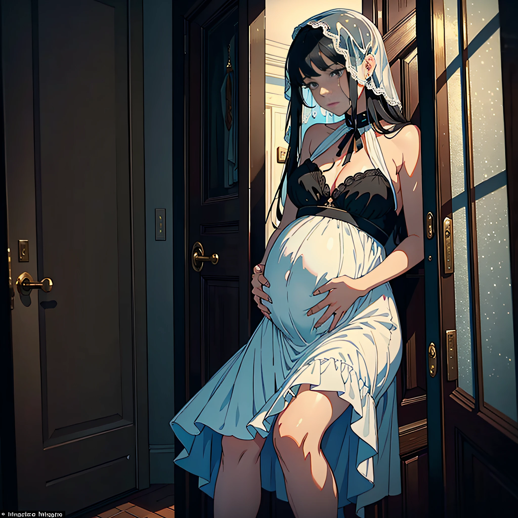 (Masterpiece: 1.2, High quality: 1.2) 1 woman collapsed in the doorway, black hair, black eyes, white dress, delicate face, pregnant, crying, close-up
