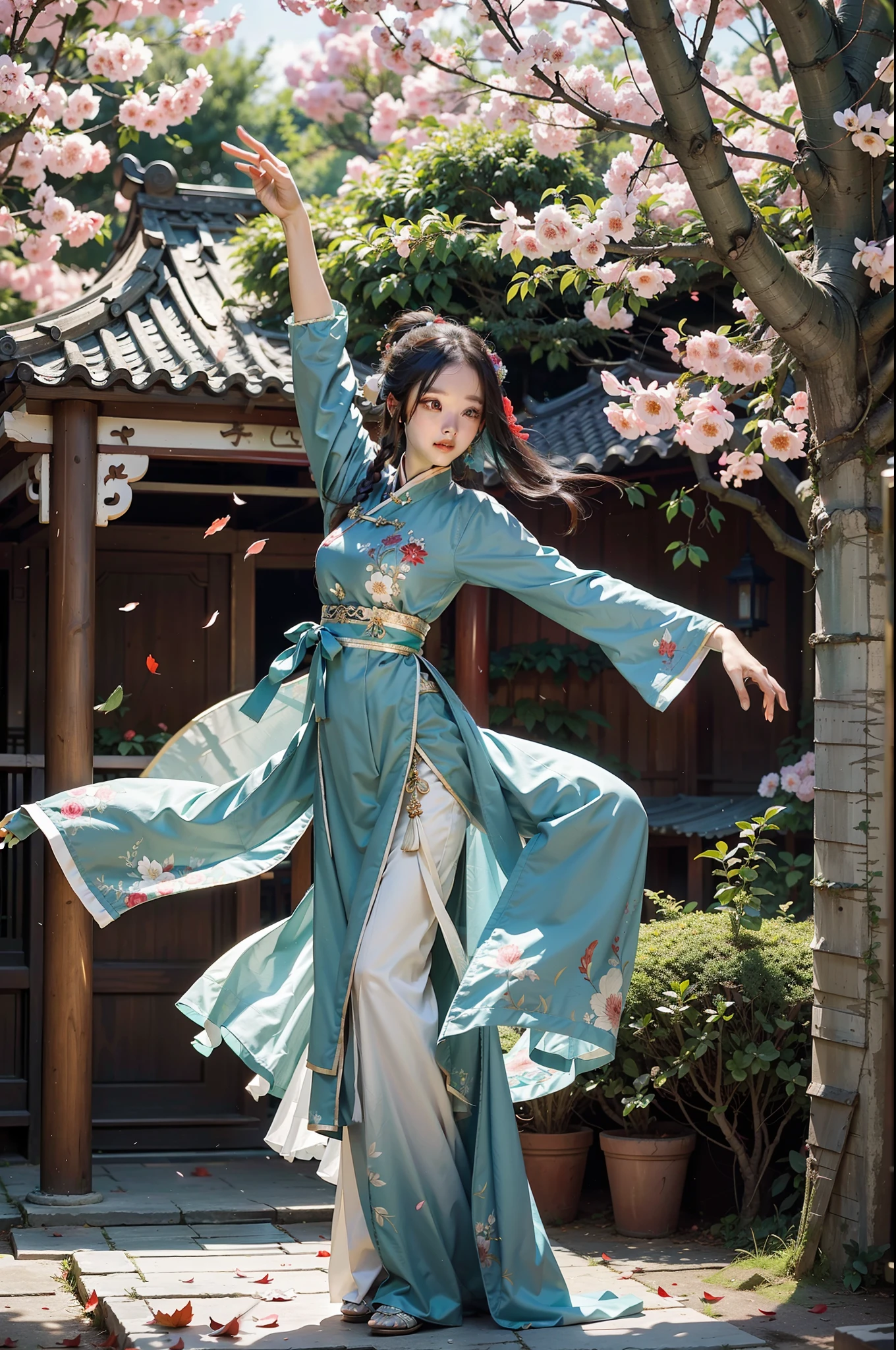 A Chinese woman, dressed in Hanfu, standing in an ancient garden, dancing, falling petals, leaves, exquisite pavilion, afternoon soft light, particles, UHD, masterpiece, high resolution, high quality, best quality, award-winning, 8k