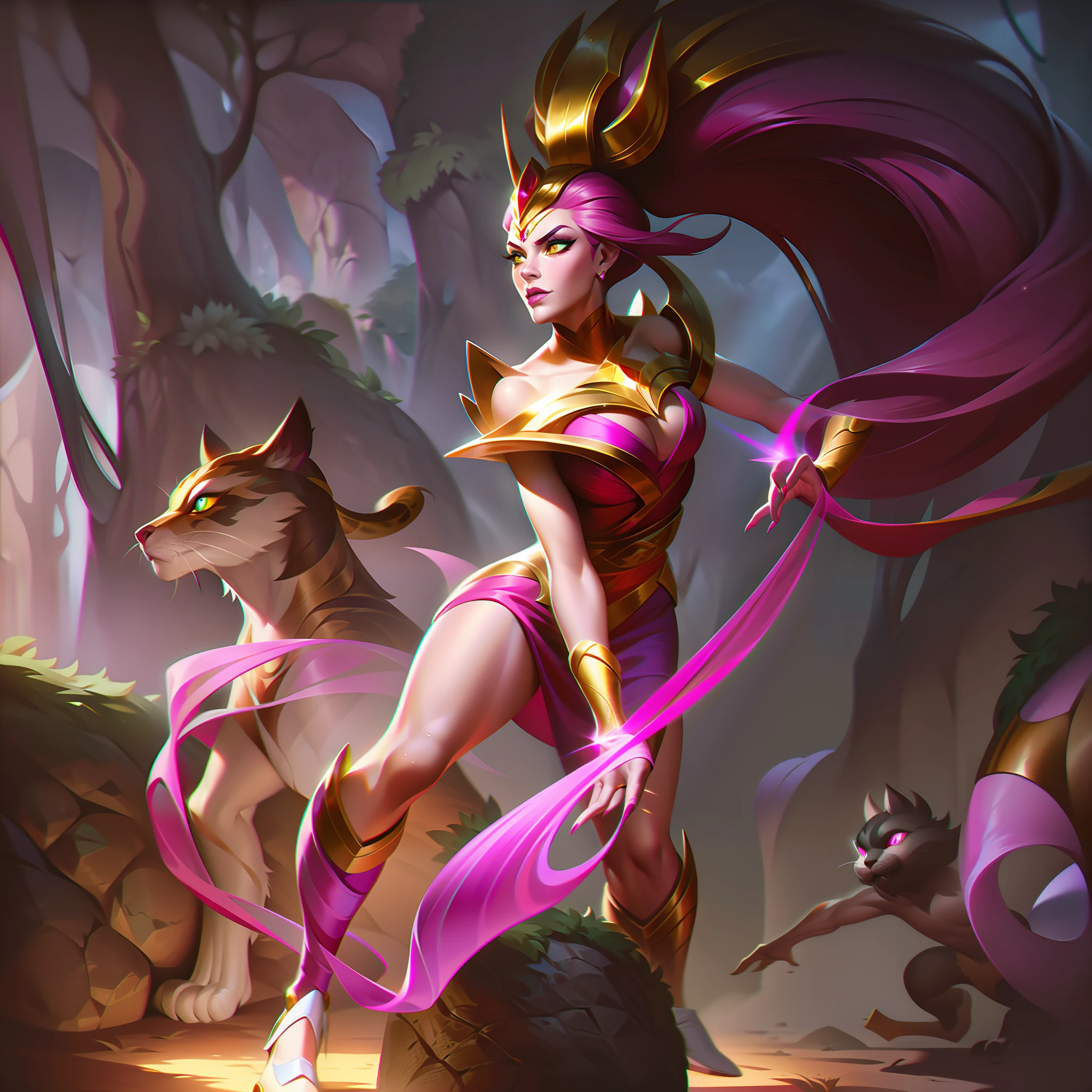 Nidalee from League of Legends, with a platinum-colored, sparkling ponytail tied by a pink gold brooch, one lying before a pink eucalyptus trunk jungle with white markings, in a flowing pink dress with pink and gold accessories and bluish fabric with a transparent tulle on top, cat's green eyes,  with huge nails and with a golden tigress boot with pink stripes and light body scars, splashart, body lines, vibrant colors, exquisite details, cinematic, artstation, detailed face, by rossdraws, by Kienan Lafferty