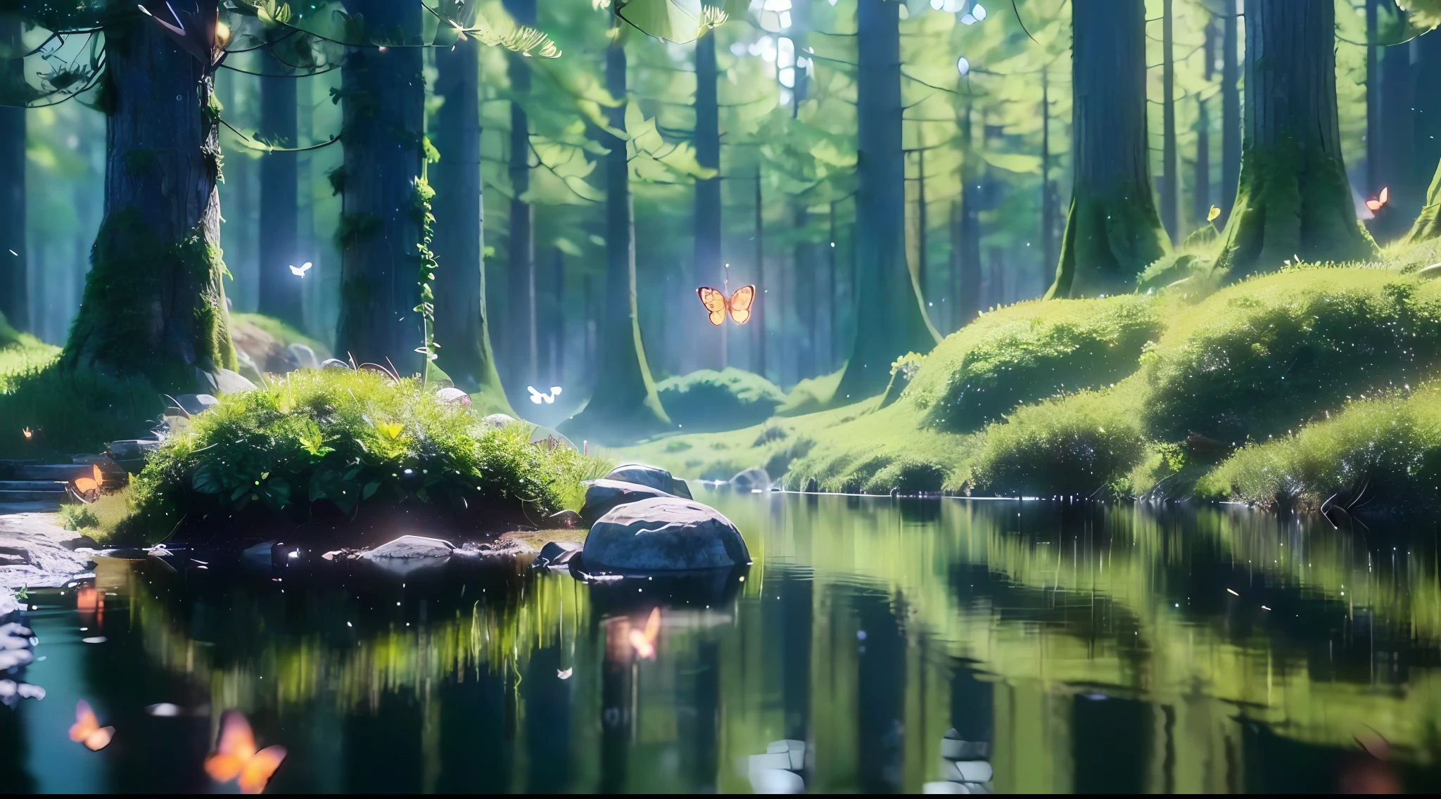 A masterpiece, the best quality, stunning reflections, the best reflections ever. (very detailed CG unity 8k wallpapers), (best quality), (best illustrations), (best shadows), forest theme with natural elements. Tall trees, quiet streams, small glowing mushrooms surrounded by delicate leaves and branches, with fireflies and glowing particle effects,, (natural elements), (jungle theme), (leaves), (twigs), (fireflies), butterflies, (delicate leaves), (glow), (particle effects). , Isometric 3D, Octane Rendering, Ray Traced, Super Detailed