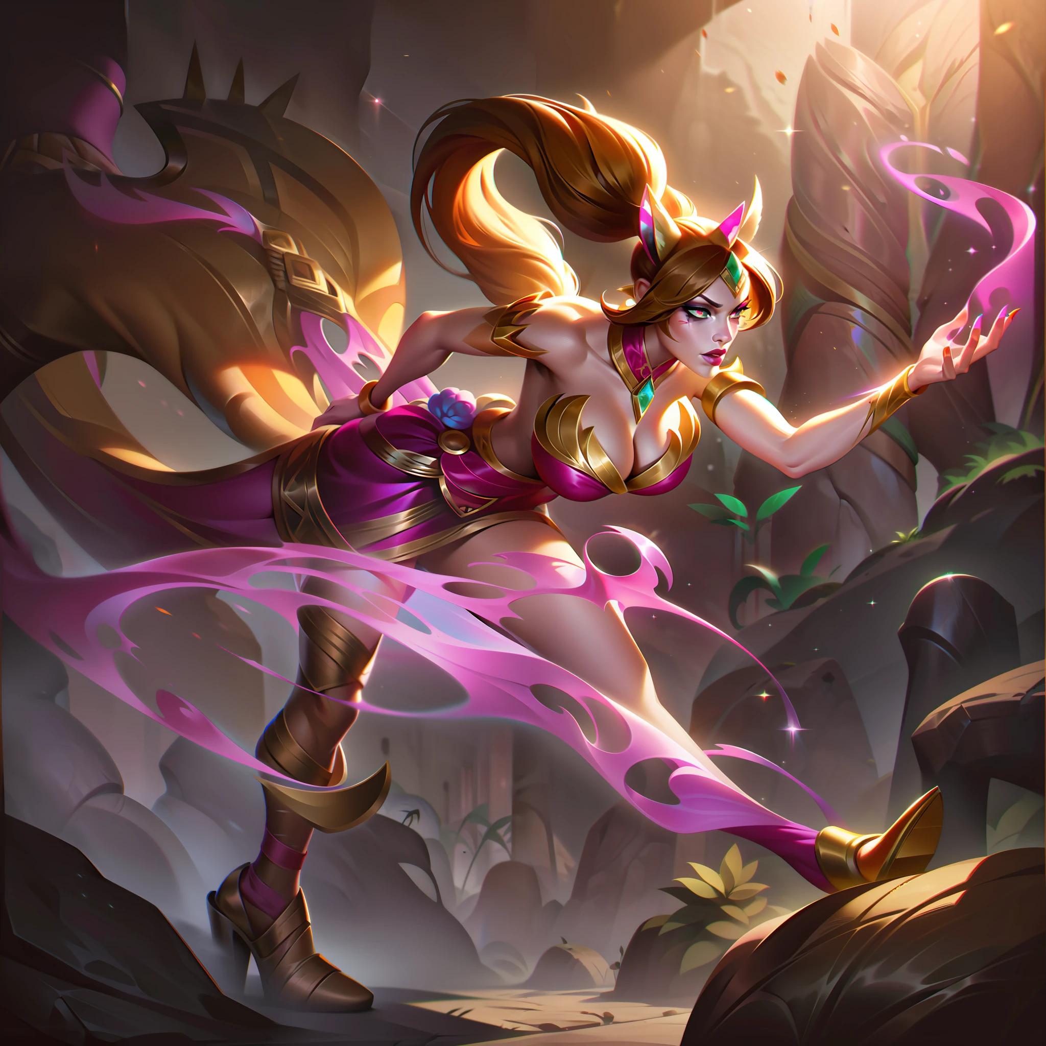 Nidalee from League of Legends, with a platinum-colored, sparkling ponytail tied by a pink gold brooch, one lying before a pink eucalyptus trunk jungle with white markings, in a flowing pink dress with pink and gold accessories and bluish fabric with a transparent tulle on top, cat's green eyes, with huge nails and with a golden tigress boot with pink stripes and light body scars, splashart, body lines, vibrant colors, exquisite details, cinematic, artstation, detailed face, by rossdraws, by Kienan Lafferty