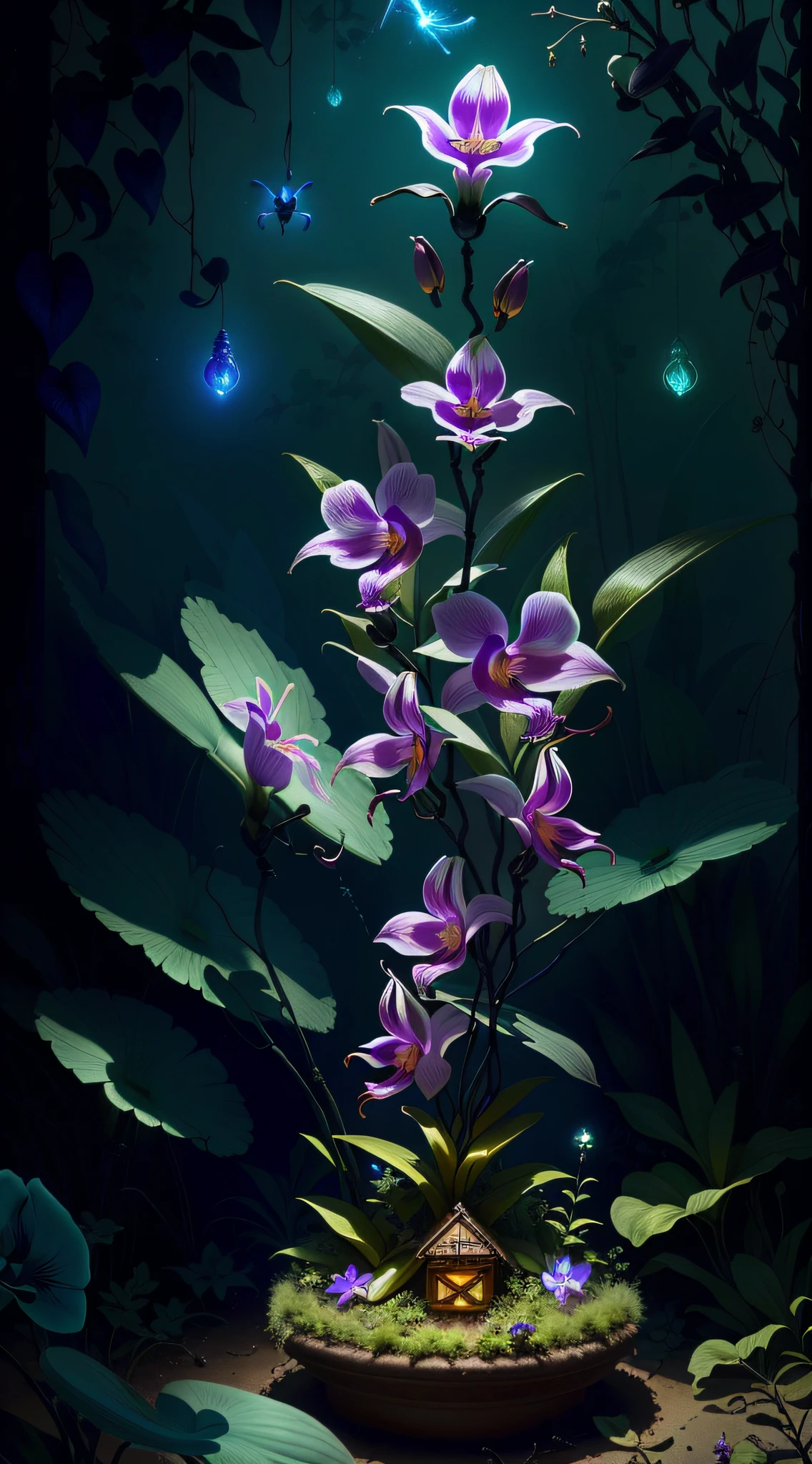 an exorcist style ant hill with beautiful orchids around and fireflies, it is surrounded by strange power,there are also some treasures around, with some magical visual effects, fantasy, ambiance hd, HDR, 4k upscalen v--4.
