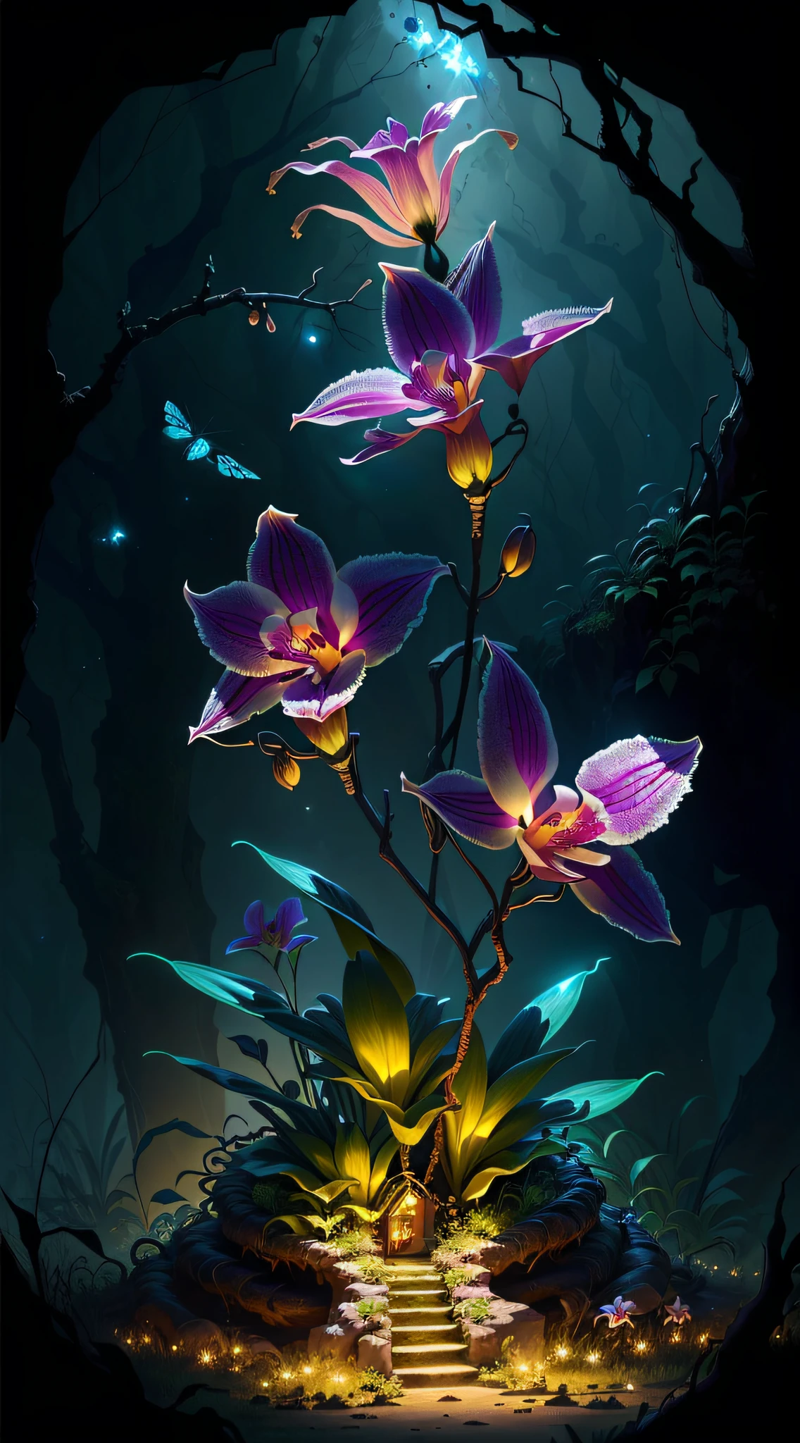 an exorcist style ant hill with beautiful orchids around and fireflies, it is surrounded by strange power,there are also some treasures around, with some magical  visual effects, fantasy, ambiance hd, HDR, 4k upscalen v--4.