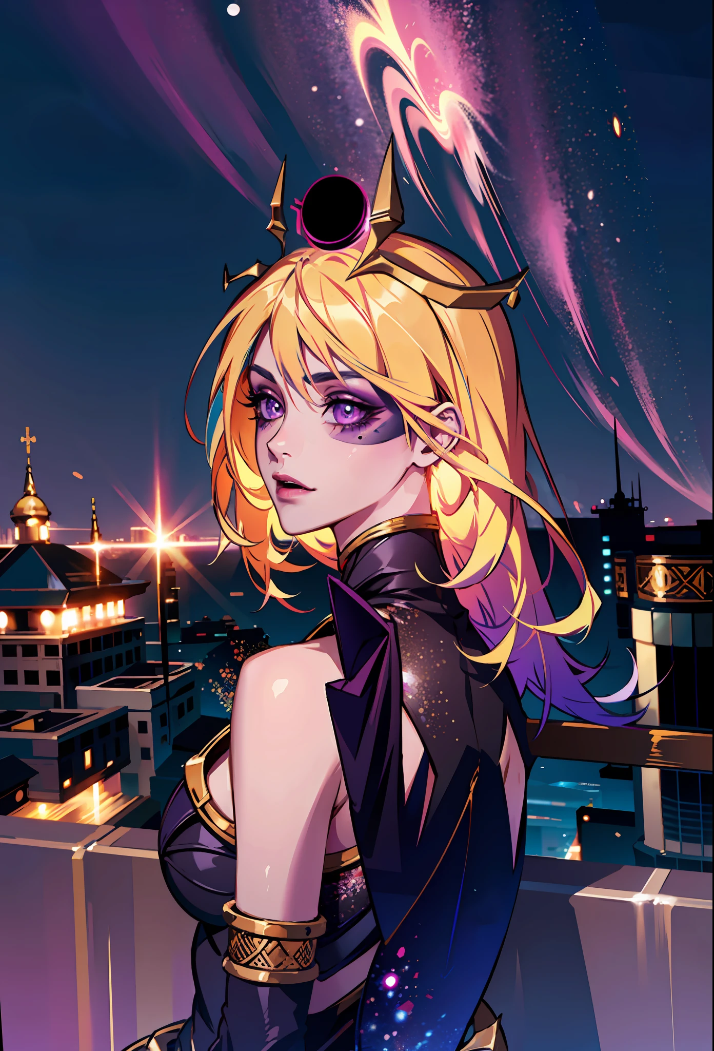 (masterpiece),(best quality:1.0), (ultra highres:1.0), detailed illustration, 8k, anime, 1girl, Lux1, Dark Cosmic Lux(dark cosmic), pretty face, detailed face, cosmic crown, beautiful eyes, purple eyes, detailed eyes, blonde purple hair, long hair, multicolored hair, two-toned hair, beautiful hair, highlights in hair, Dark Cosmic Background, (league of legends), highly detailed