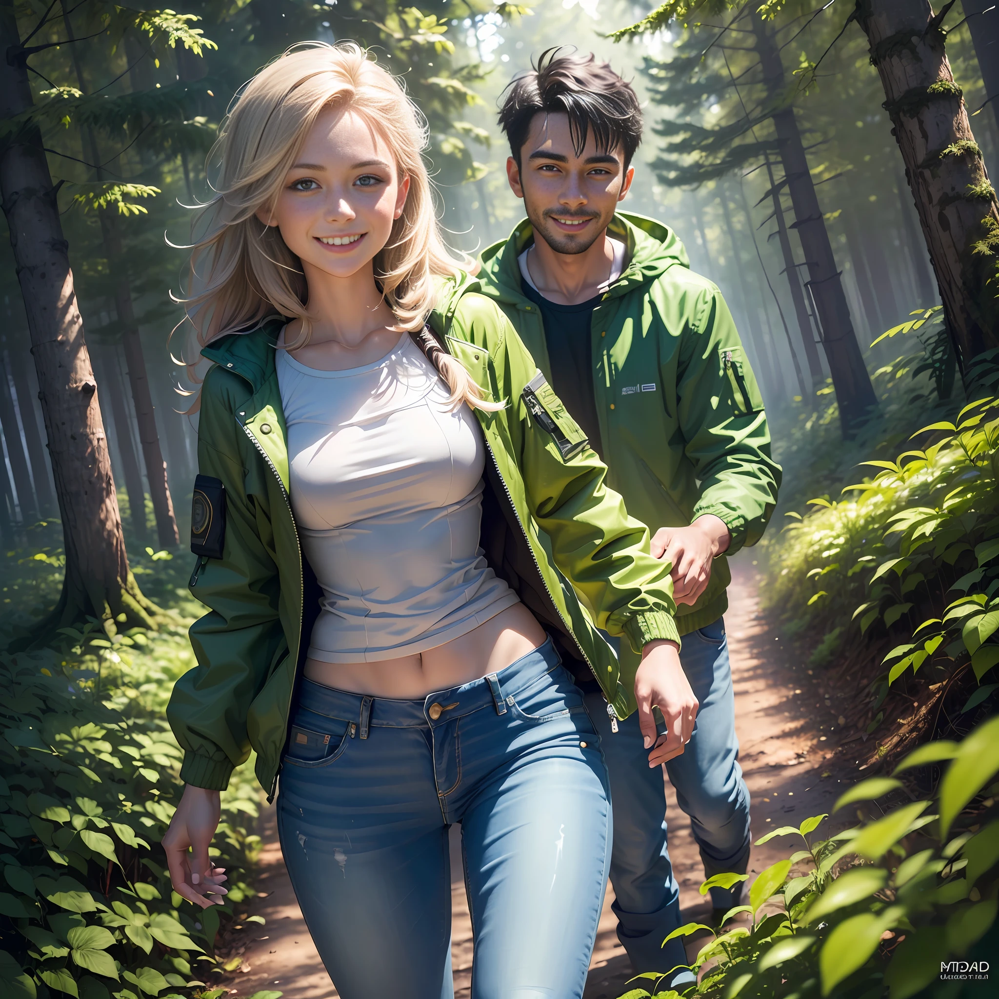 ((((Medium shot))), couple, (a man and a woman), two individuals, deep forest, adventure, frolic, hitting, sweet, happiness, smile, storm jacket, sweater, jeans, happy, pretty eyes, playful, surrealism, pov, romanticism, cinematic lighting, 8K, UHD, masterpiece, ccurate, anatomically correct, textured skin, high detail, high quality, high resolution, award-winning, best quality, 16K, bad body, bad hands, bad legs.