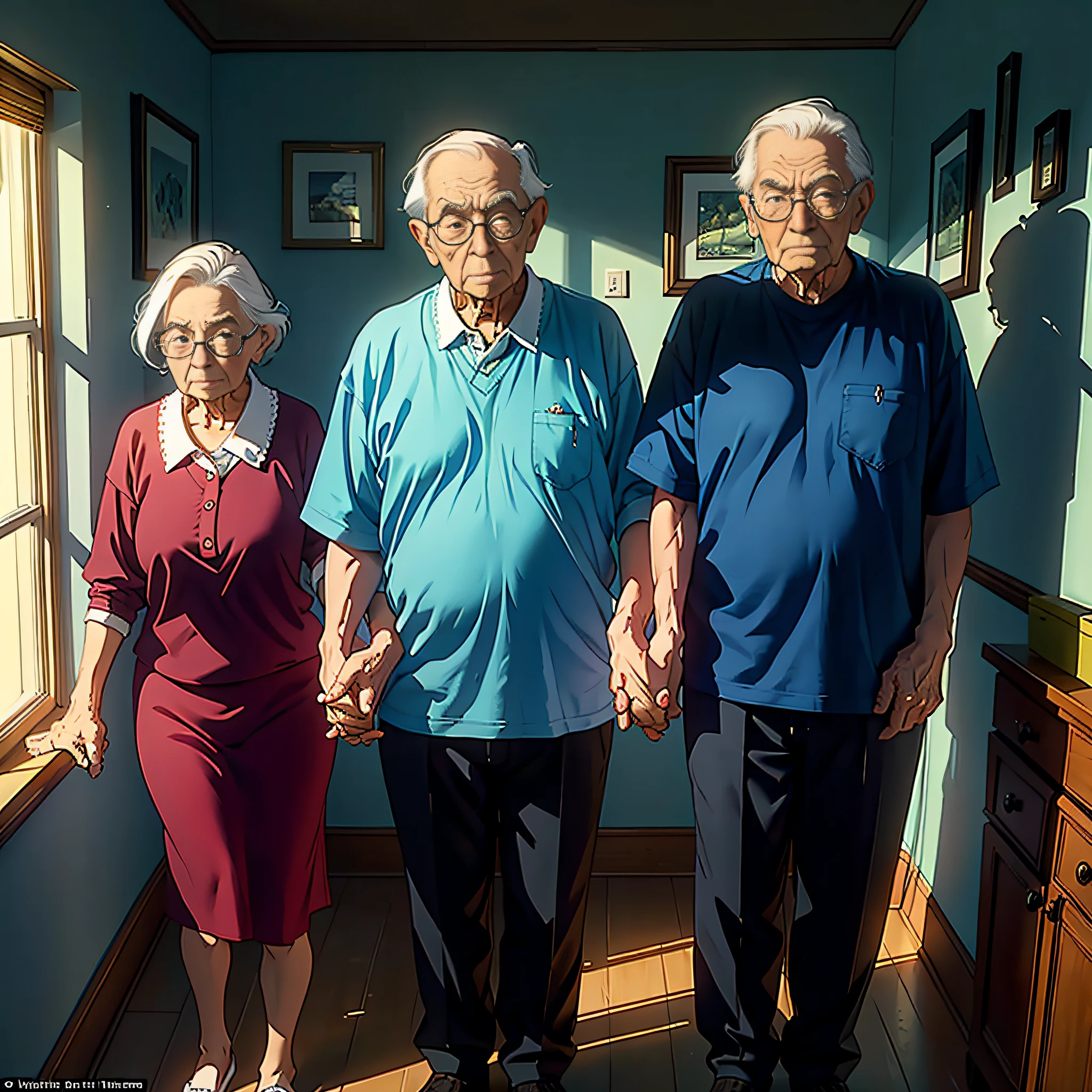 (Masterpiece: 1.2, High quality: 1.2) An elderly couple, holding hands and standing in the room with angry expressions, bedroom in the background
