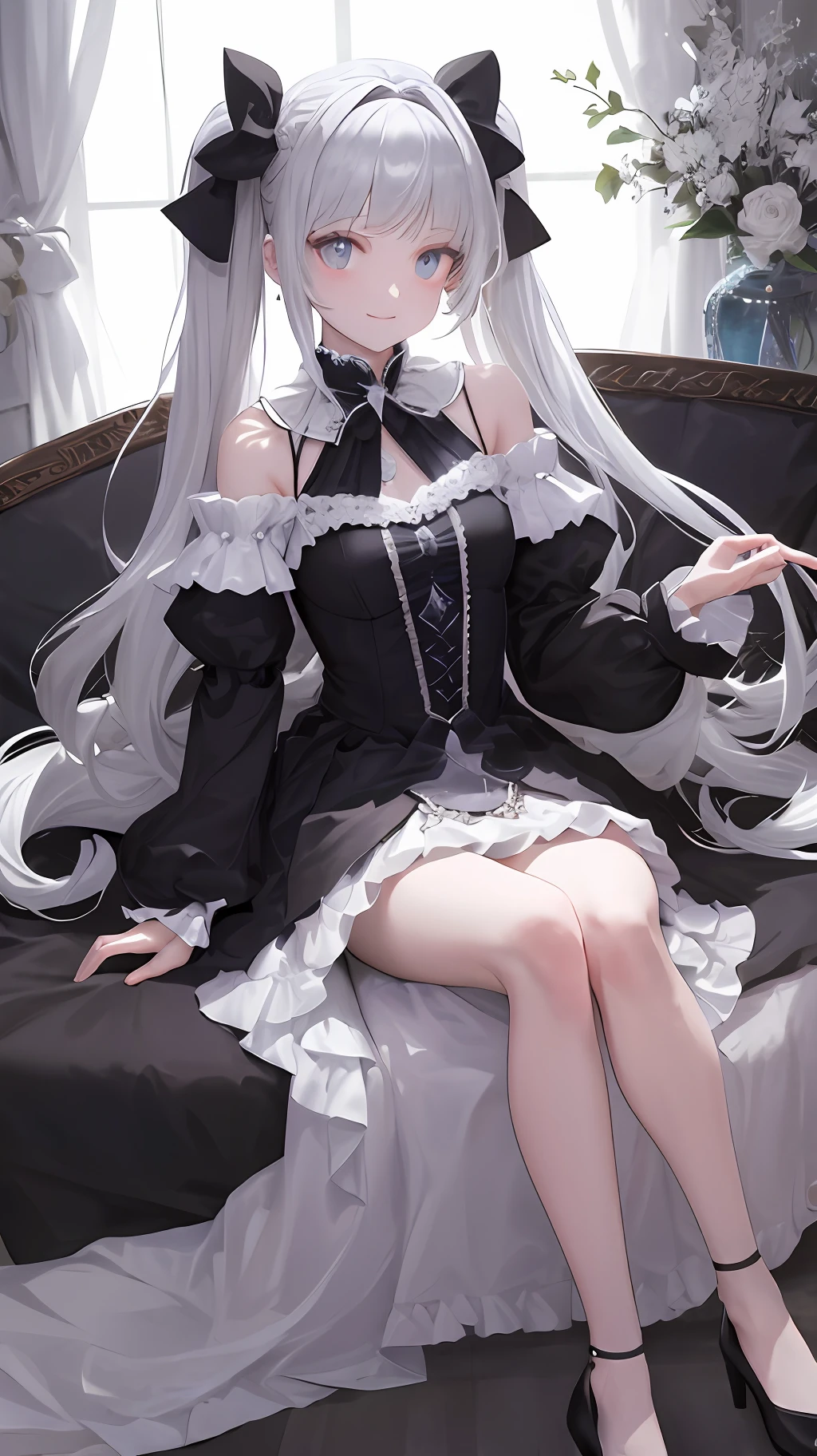 Dramatic composition, court-style dresses, royal, gorgeous, cascading frills, ruffles, bows, crystal chandeliers, Roman curly hairstyles, ponet, double ponytails like drills, look at the camera, bangs, maximalism, palatial background, delicate portrayal of hair and eyes, princess dresses, gorgeous skirts, flowers in hand, smiles, starry eyes, cinematic light, extreme detail, high definition, happy girl, very long hair, diamonds, broken diamonds, crystal fragments, light particles