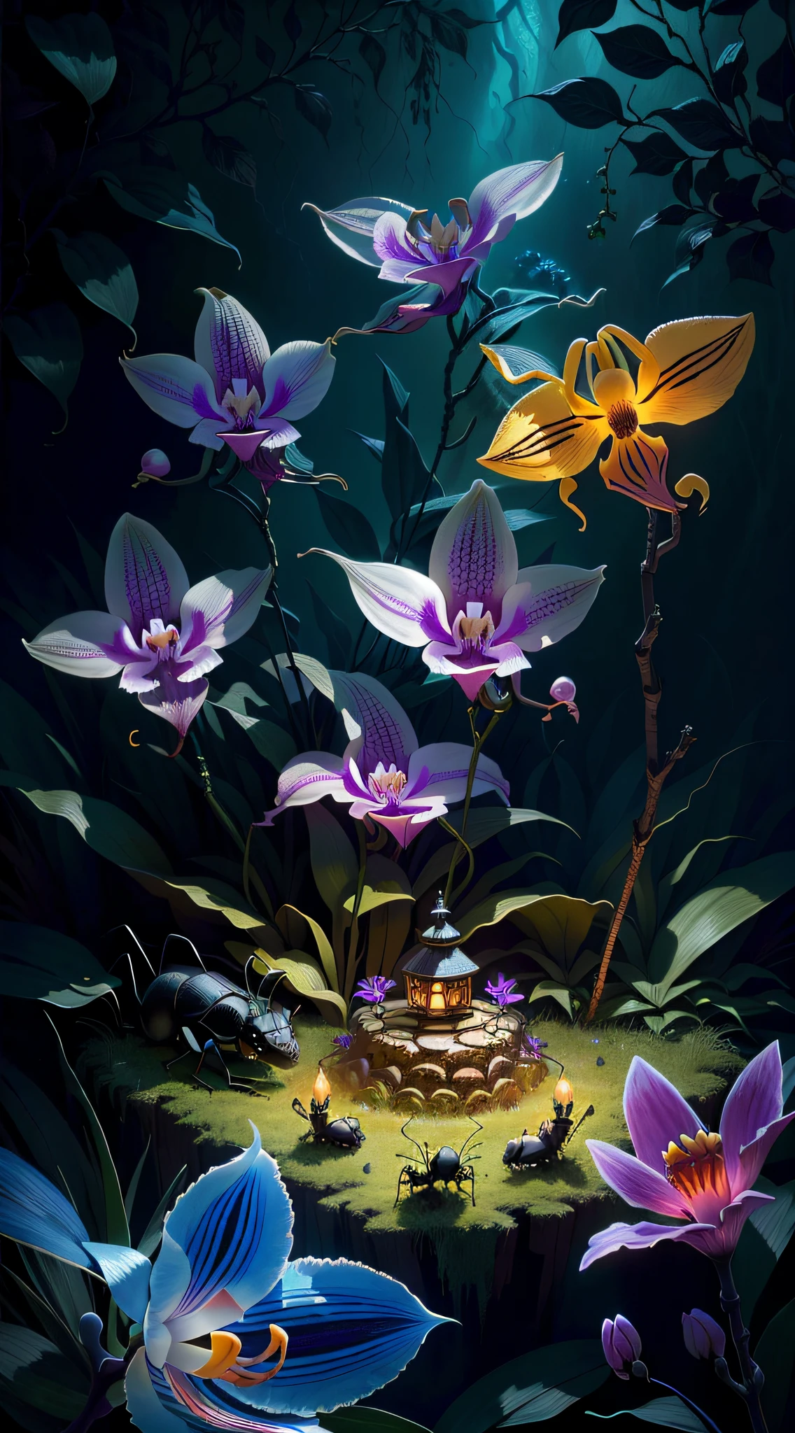 an exorcist style ant hill with beautiful orchids around and fireflies, it is surrounded by strange power,there are also some treasures around, with some magical visual effects, fantasy, ambiance hd, HDR, 4k upscalen v--4.