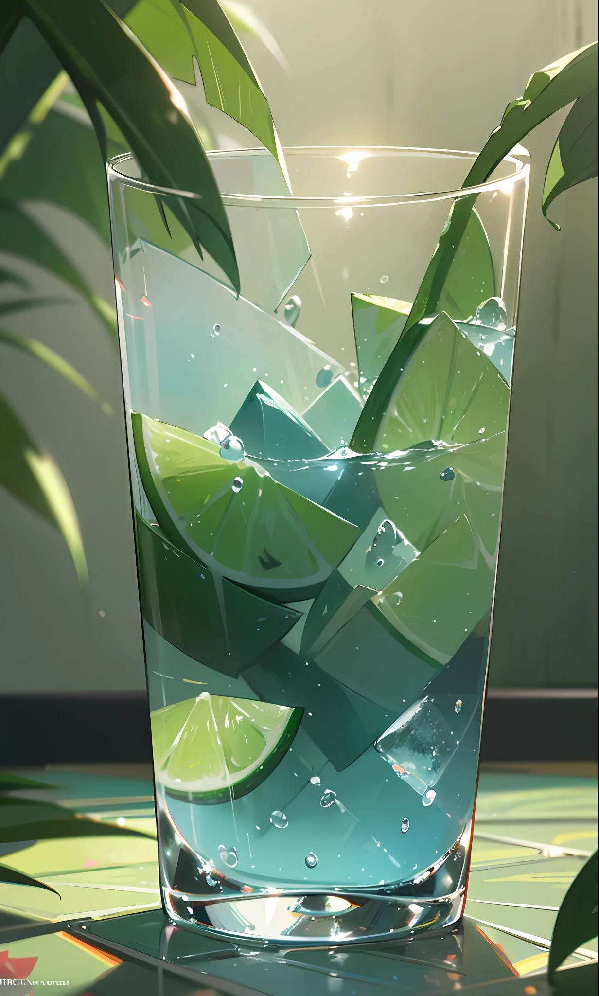 Wallpapers, poster, Drinks, Ice Cubes, Watermelon, Tropical Plants, Hot Weather, HD Detail, Moist Watermark, Ultra Detail, Movie, Hyper Realism, Soft Light, Deep Focus Bokeh, Ray Tracing, Diffuse (Ultrafine Glass Reflection) and surrealism --niji 5