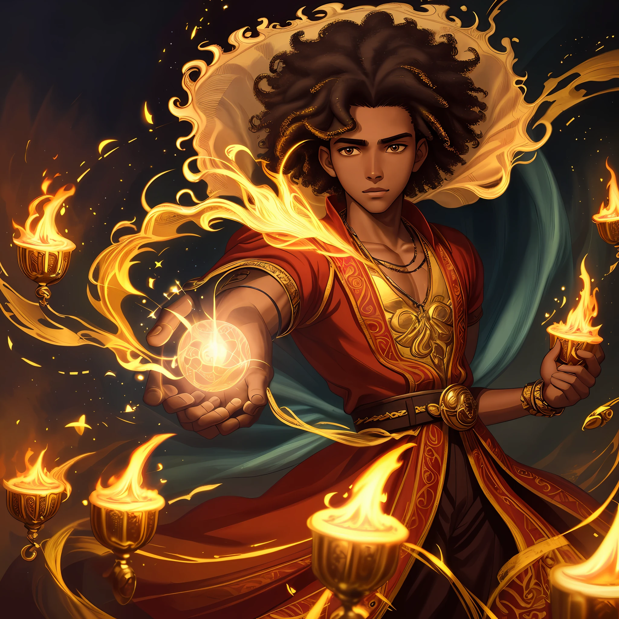 "(A masterpiece, high quality, detailed CG 8k wallpaper and exquisite illustration) Miguel, a young and talented Afro-Latino sorcerer: dark, thin, curly haired, , with heterochrony, (protagonist)".