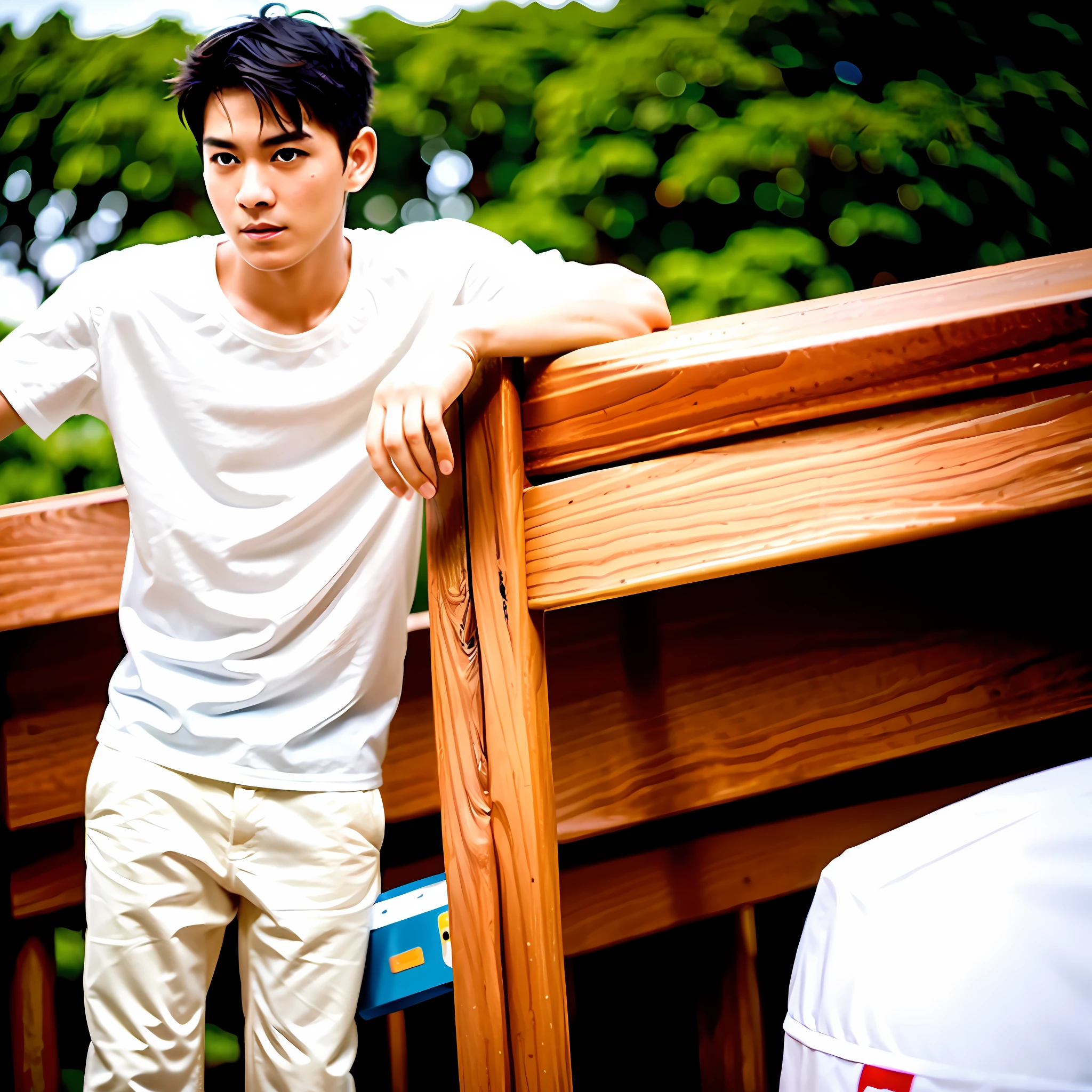 Best Quality, Ultra High Resolution, (Realistic:1.4), Close Up, Masterpiece, Blurred Background , Playground, Solo, 1 Boy, Young , Standing, White Skin, White T-Shirt, Assuming, Looking at the Audience , Facial Focus,