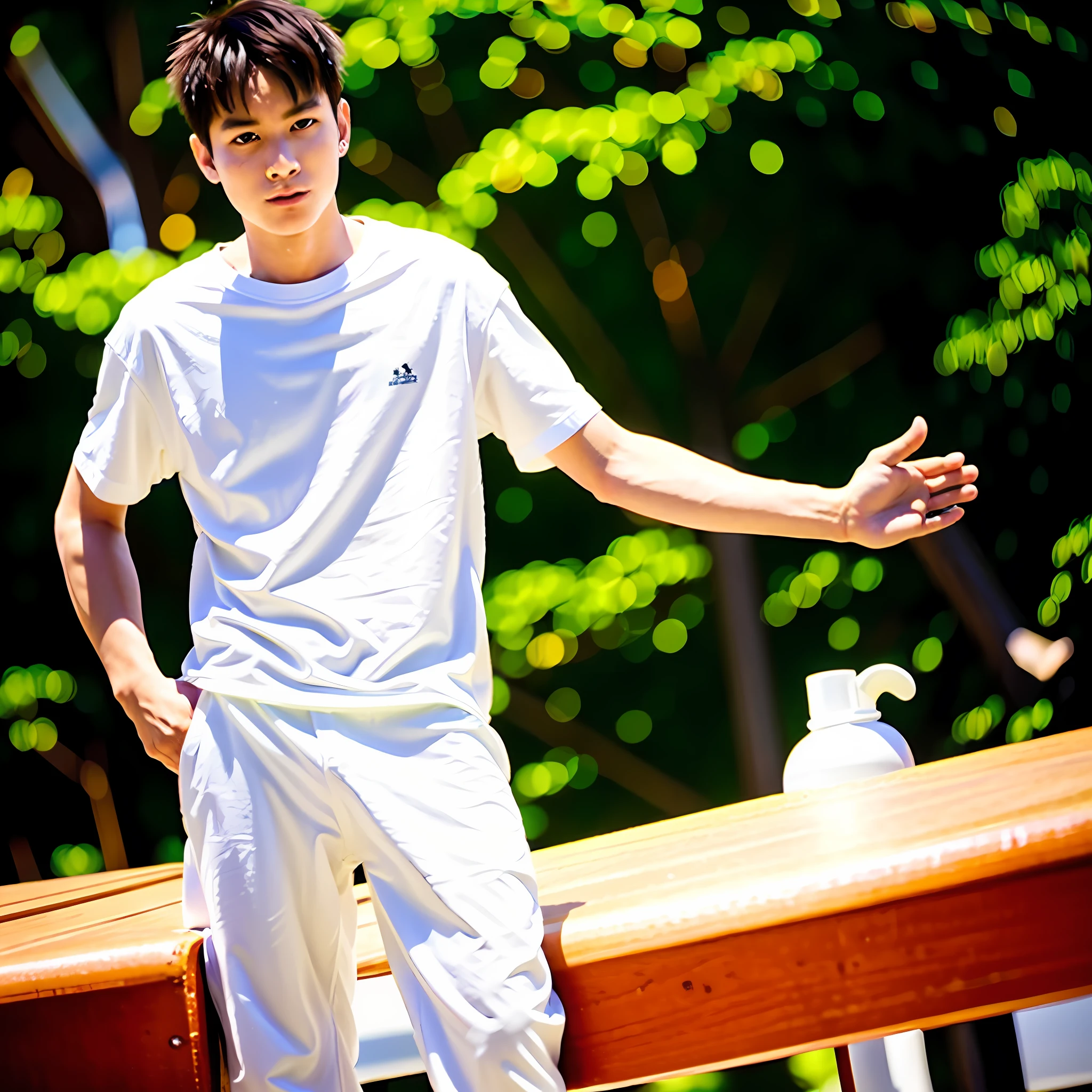 Best Quality, Ultra High Resolution, (Realistic:1.4), Close Up, Masterpiece, Blurred Background , Playground, Solo, 1 Boy, Young , Standing, White Skin, White T-Shirt, Assuming, Looking at the Audience , Facial Focus,
