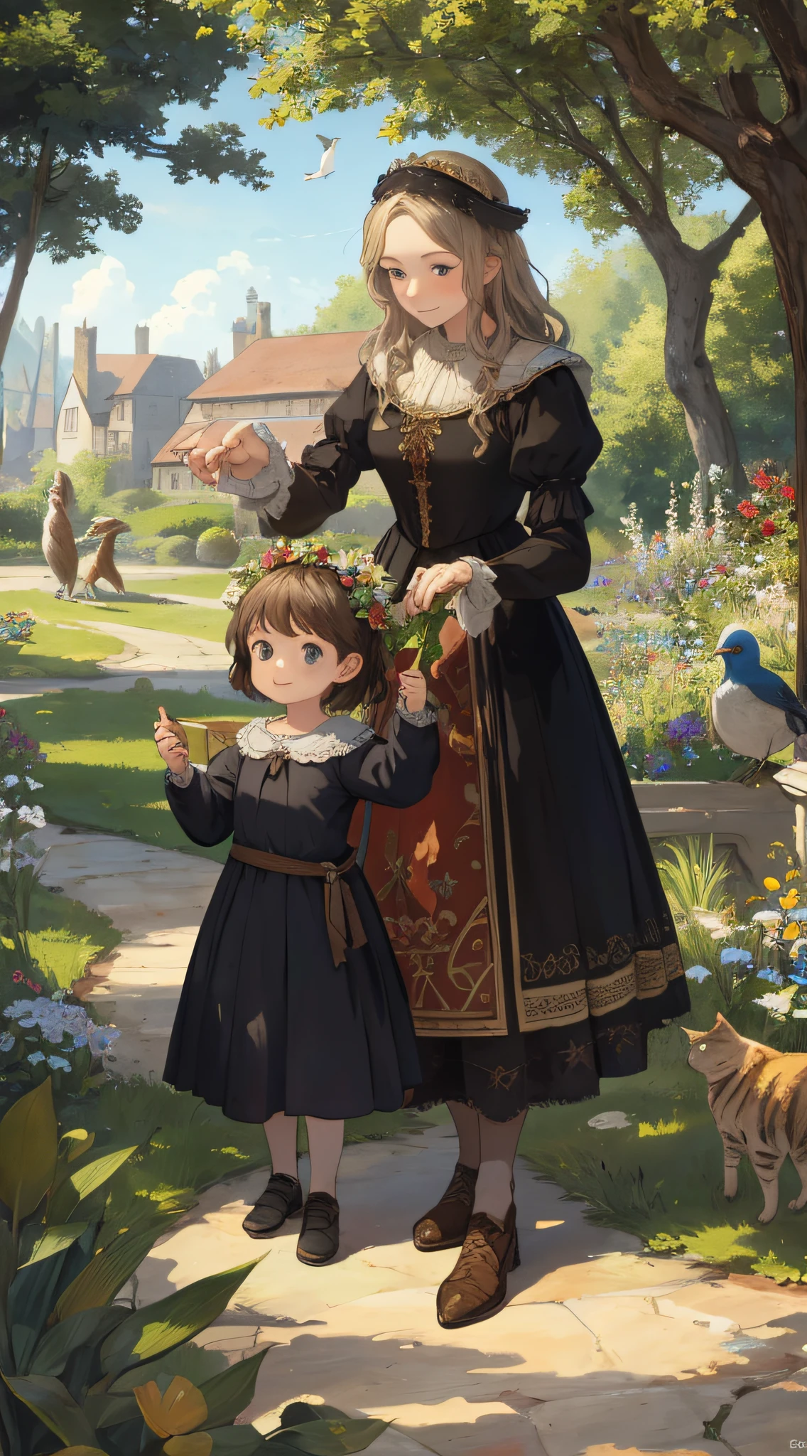 Realism, (best quality, masterpiece: 1.3), (mother, : 1.2), medieval, fantasy art, in the garden, picnic, happy, birds, cats,