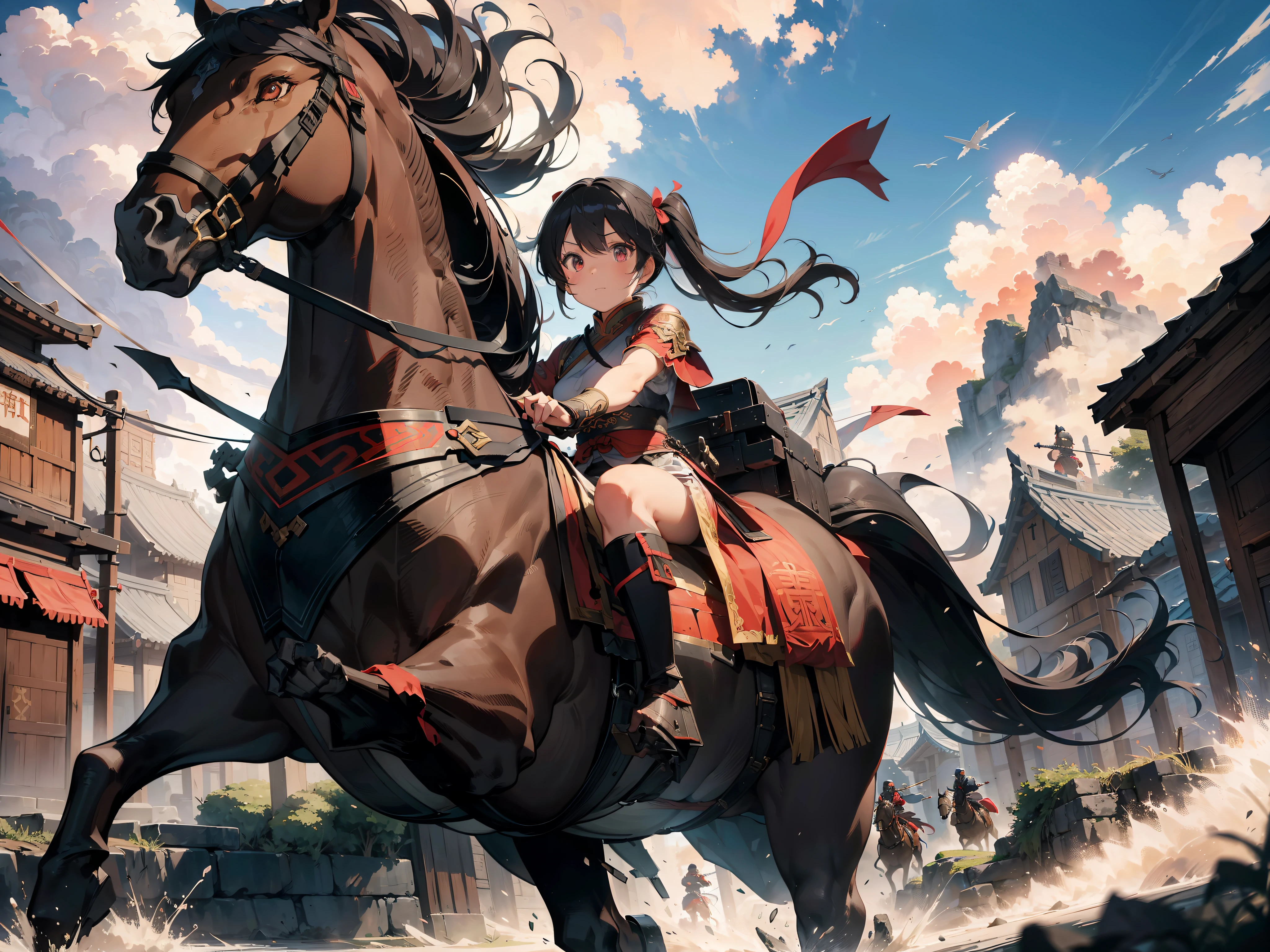1girl, Ancient style, battle scenes, during the Three Kingdoms period, the general Zhao Yun on horseback led the cavalry to the battlefield with a spear. (Best Quality), Extremely Delicate and Beautiful, Amazing, Fine Detail, Ultra Detail, High Resolution, (Best Illustration), (Best Shadow), Complex, Stunning Skin Detail, Clear Focus, Volumetric Fog, 8k UHD, DSLR Camera, Fantasy, (Black and (Red) Hue Impression) Armored ancient Chinese soldiers riding their (heavy armored war horse: 1.4), charging on the battlefield, panorama, perspective, wide shot, Masterpiece, High Quality