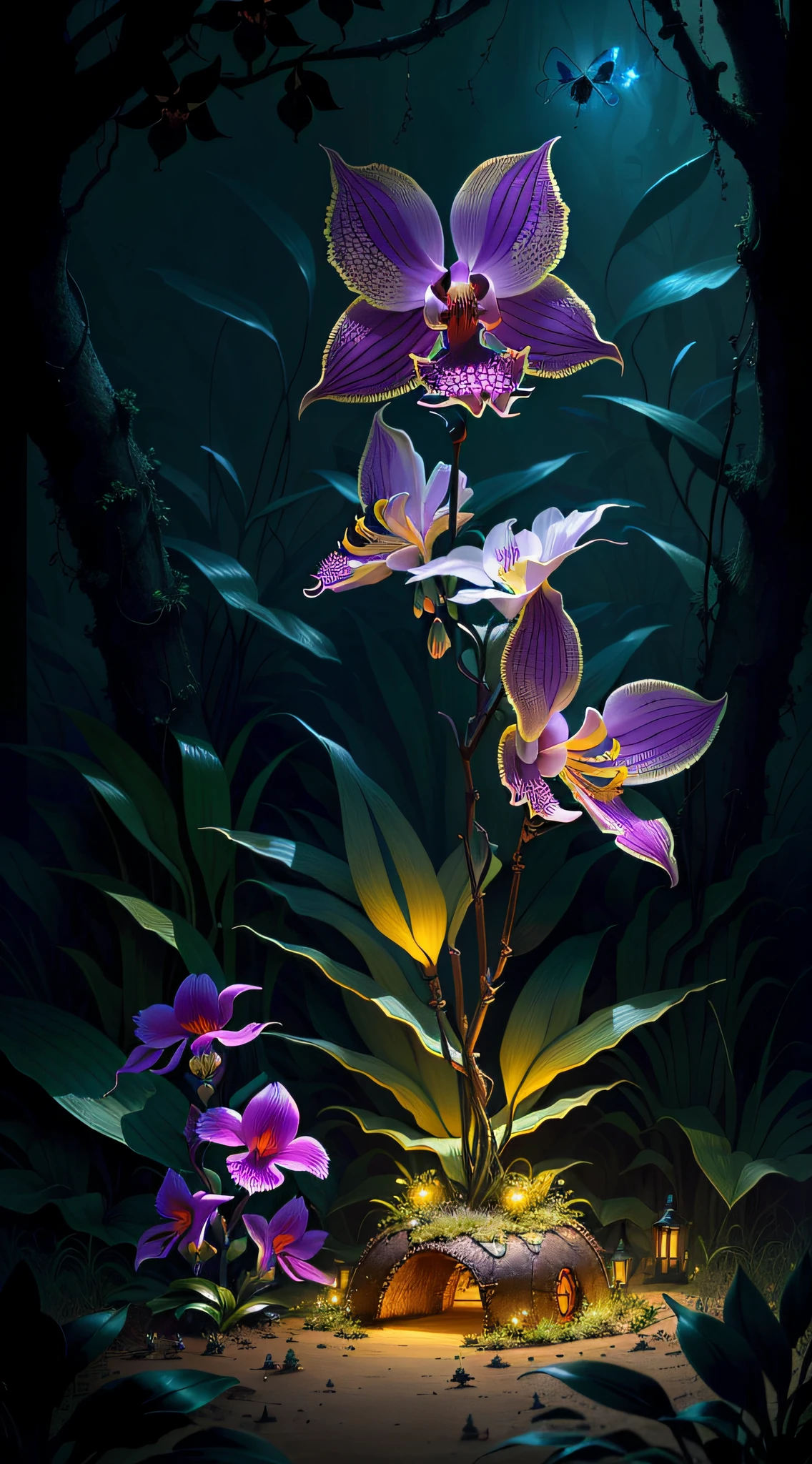 an exorcist style ant hill with beautiful orchids around and fireflies, it is surrounded by strange power,there are also some treasures around, with some magical  visual effects, fantasy, ambiance hd, HDR, 4k upscalen v--4.