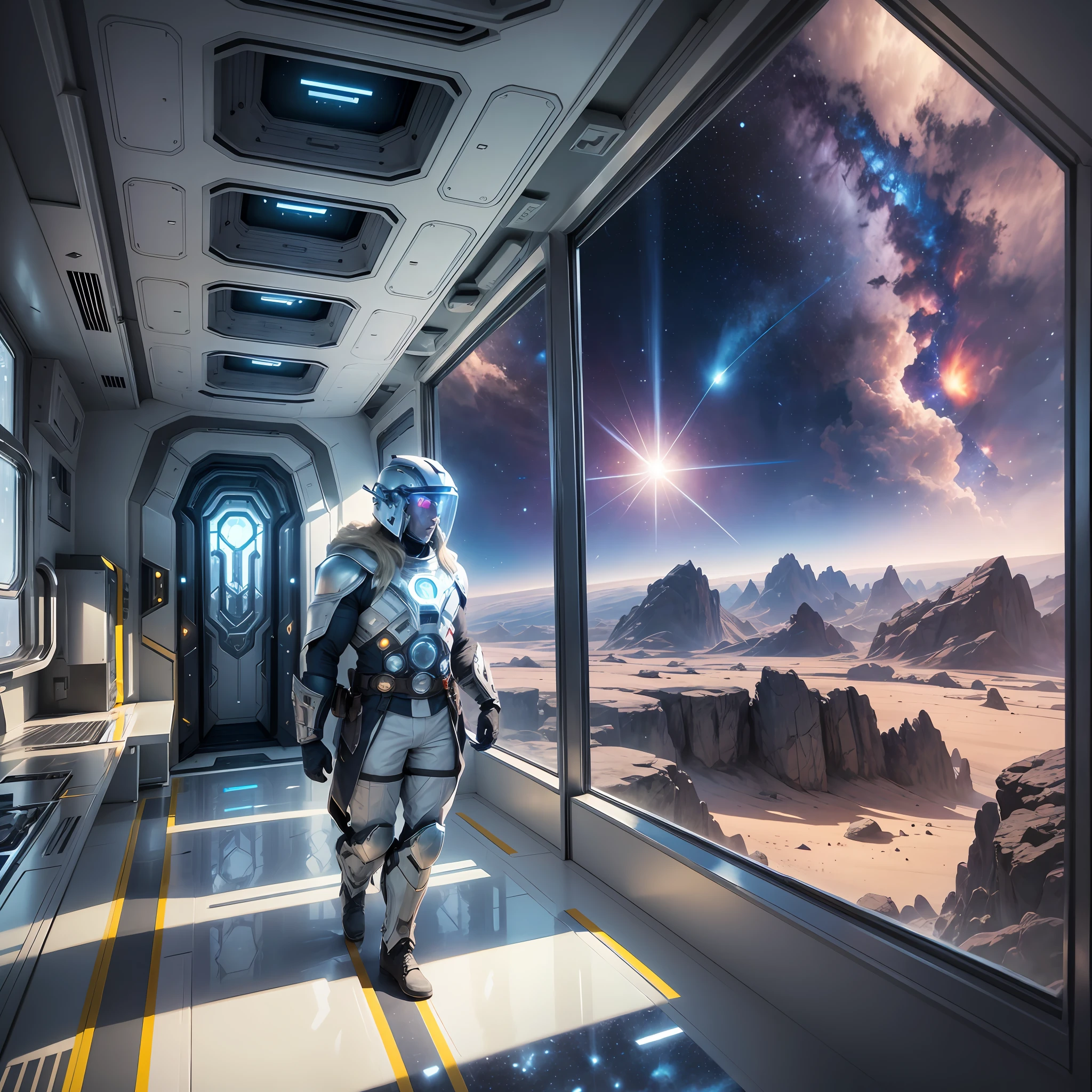 Inside the spaceship Humans dressed in Thor's armor stand in front of the wide floor-to-ceiling windows to watch the magnificent scene on the asteroid belt --auto --s2
