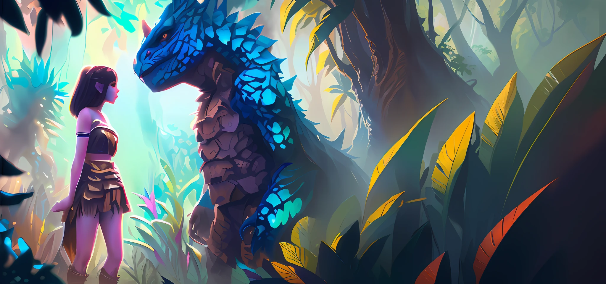 there is a woman standing next to a dragon in the jungle, epic fantasy digital art style, detailed digital 2d fantasy art, digital 2d fantasy art, epic fantasy art style, epic fantasy art style hd, fantasy digital painting, fantasy art style, 4k fantasy art, fantasy art behance, digital fantasy painting, realistic fantasy illustration, epic digital art illustration