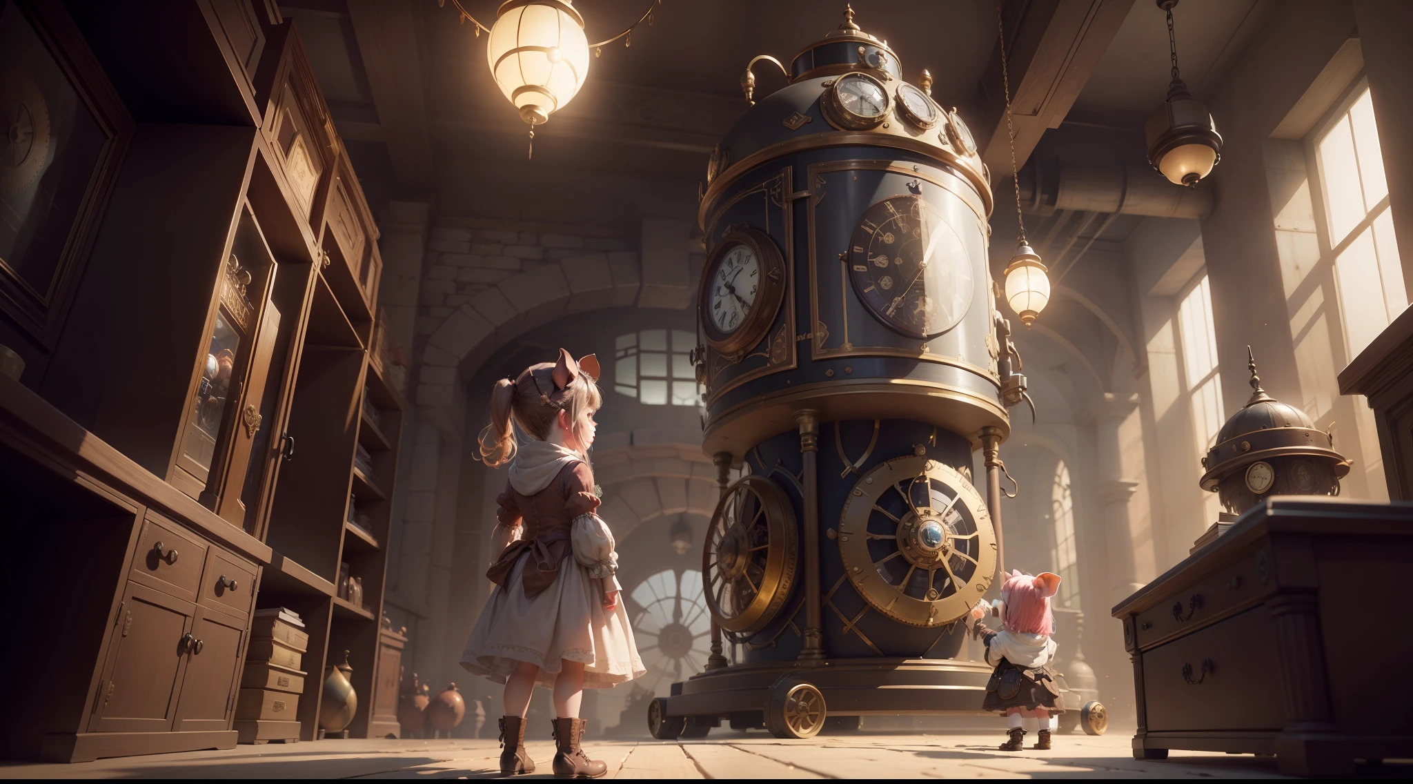 /imagine prompt: illustration of A Steampunk piglet and a girl stand in front of the time machine ,Time machine::15, Steampunk Piglet::15, A beautiful littlewith long pig ears::13, Time machine start::10, rule of thirds composition::5, Medium Long Shot::10, Unreal Engine::10, beautiful lighting::10, Dramatic light::8, Cinematic light::12, Fantasy::12, hyper quality::5, Futuristic laboratory::10, Steampunk::13, cinematic::6 --seed 33434521 --s 400 --q 2 --c 40