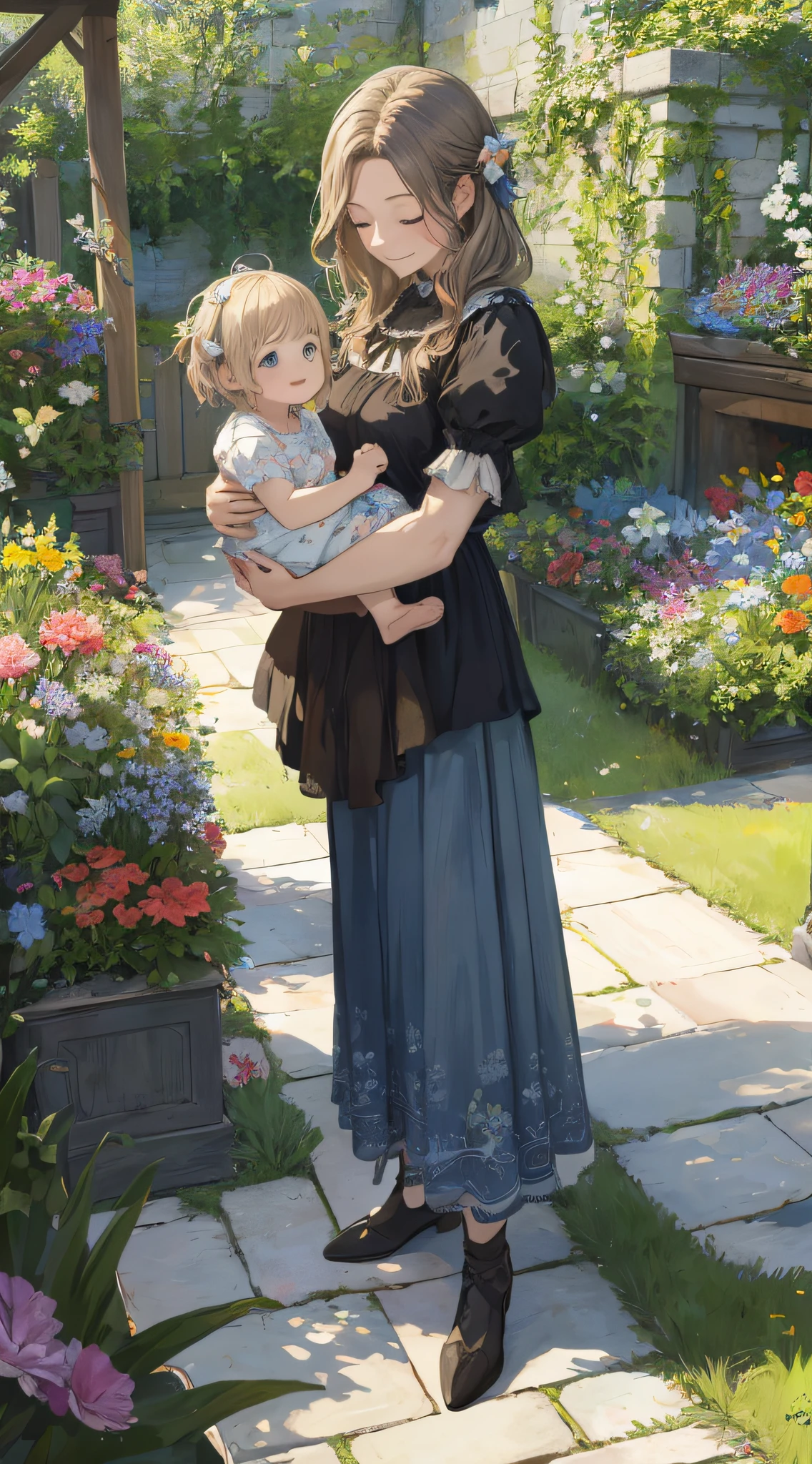 Realistic, (best quality, masterpiece: 1.3), (mother, : 1.2), modern, fantasy art, in the garden, happy, playing