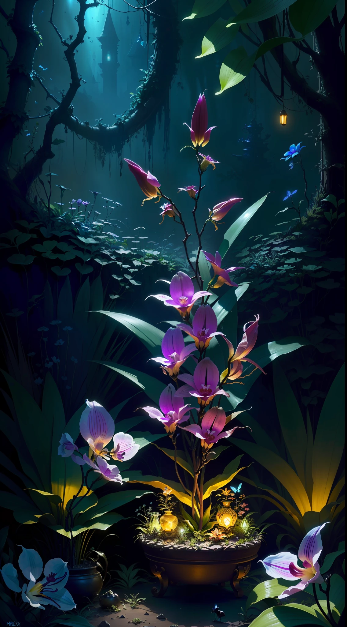an exorcist style ant hill with beautiful orchids around and fireflies, it is surrounded by strange power,there are also some treasures around, with some magical  visual effects, fantasy, ambiance hd, HDR, 4k upscalen v--4.