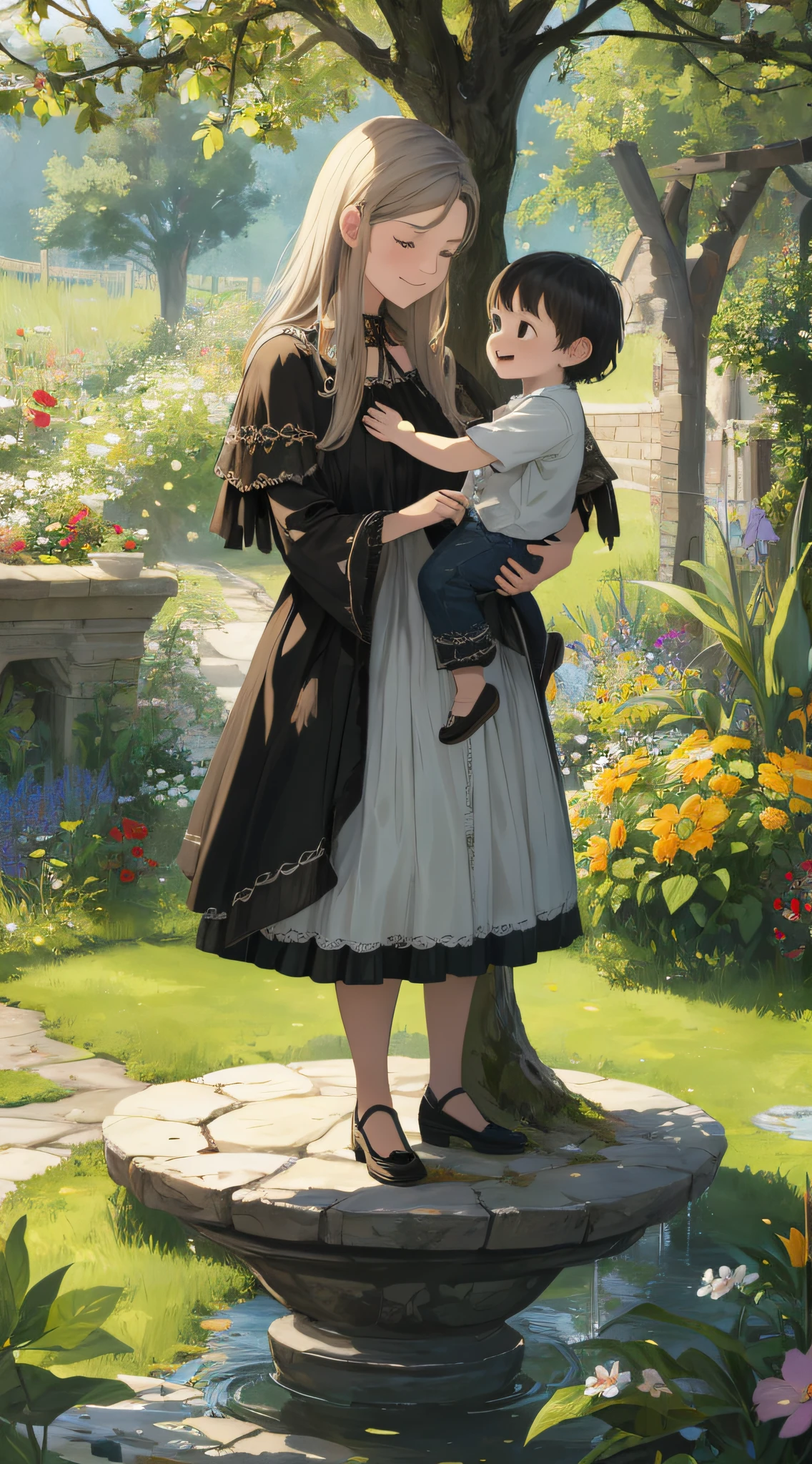Realistic, (best quality, masterpiece: 1.3), (mother, child: 1.2), modern, fantasy art, in the garden, happy, playing