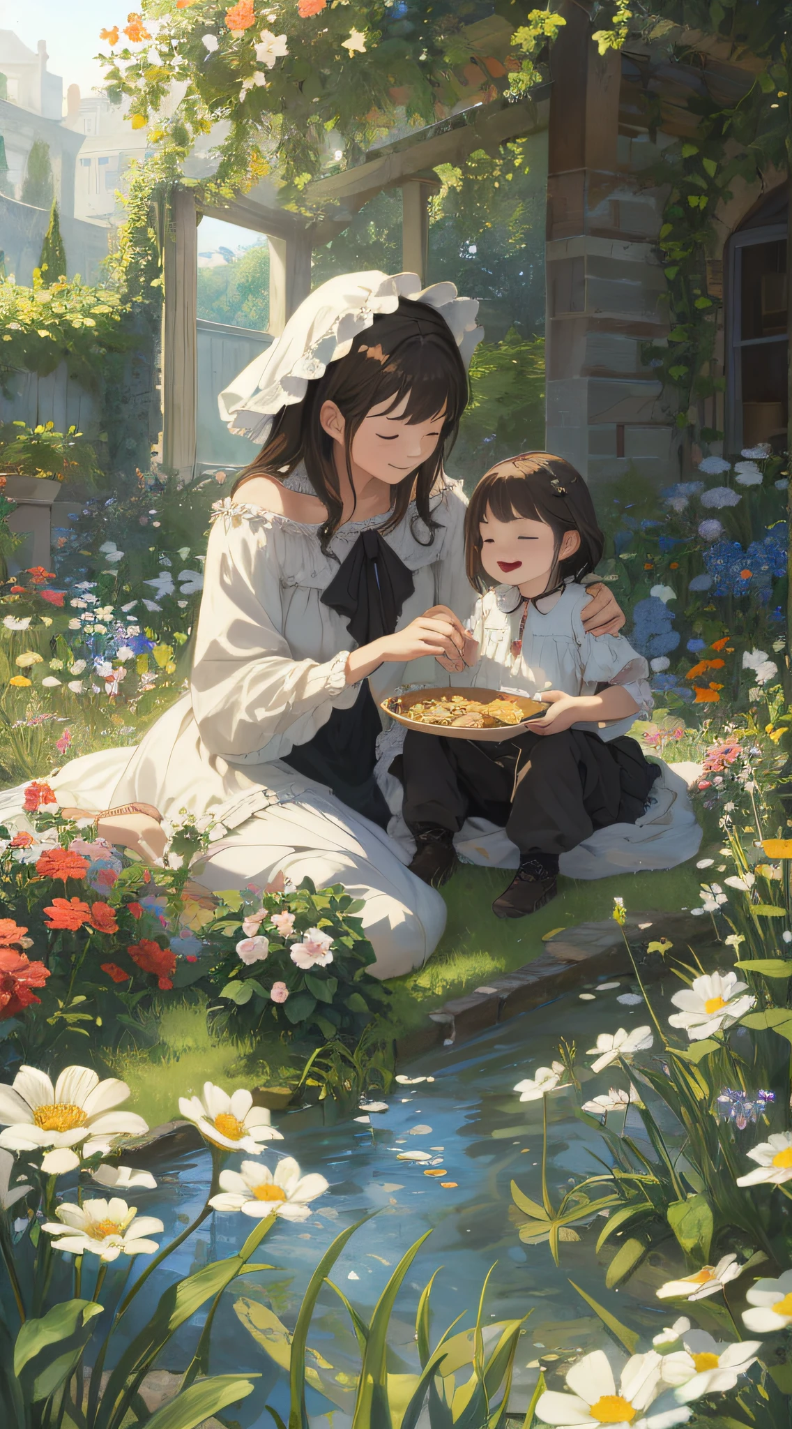 Realistic, (best quality, masterpiece: 1.3), (mother, child: 1.2), modern, fantasy art, in the garden, happy, playing