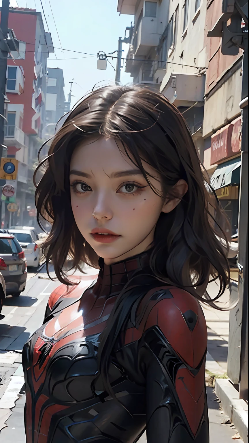 Beautiful woman detailed defined body using spider man cosplay, small breasts