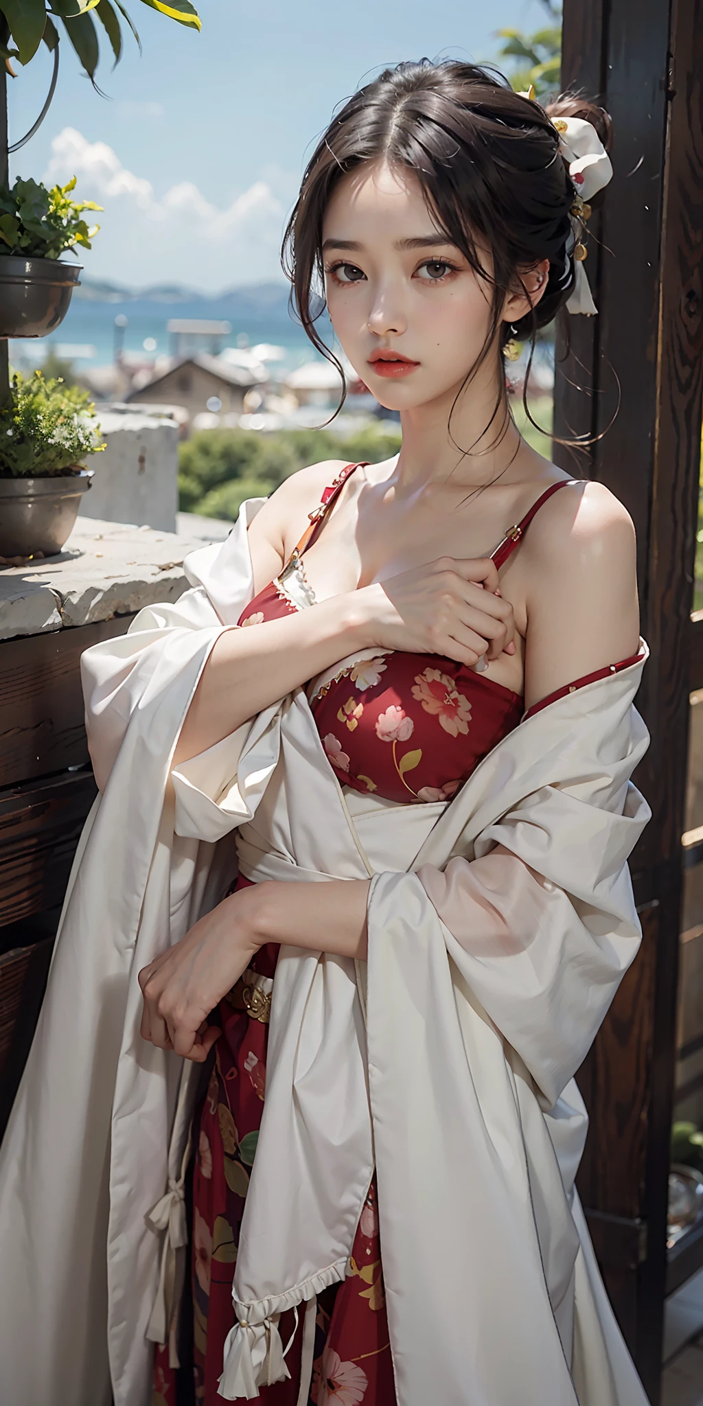 Best Quality, Masterpiece, Ultra High Resolution, (Realism: 1.4), Original Photo, 1Girl, Off-the-Shoulder, Translucent Hanfu, Silk Material, Silk Luster, In the Dark, Deep Shadow, Low Key, Cold Light, Low Cut, Big Breasts, 36d, Big Boobs, Sexy, Buttocks, Hot, Big Breasts, Cleavage, Big Tits, Detailed, Real Photos, Hyper-Realism, Surrealism, Aesthetics, Peach Blossom