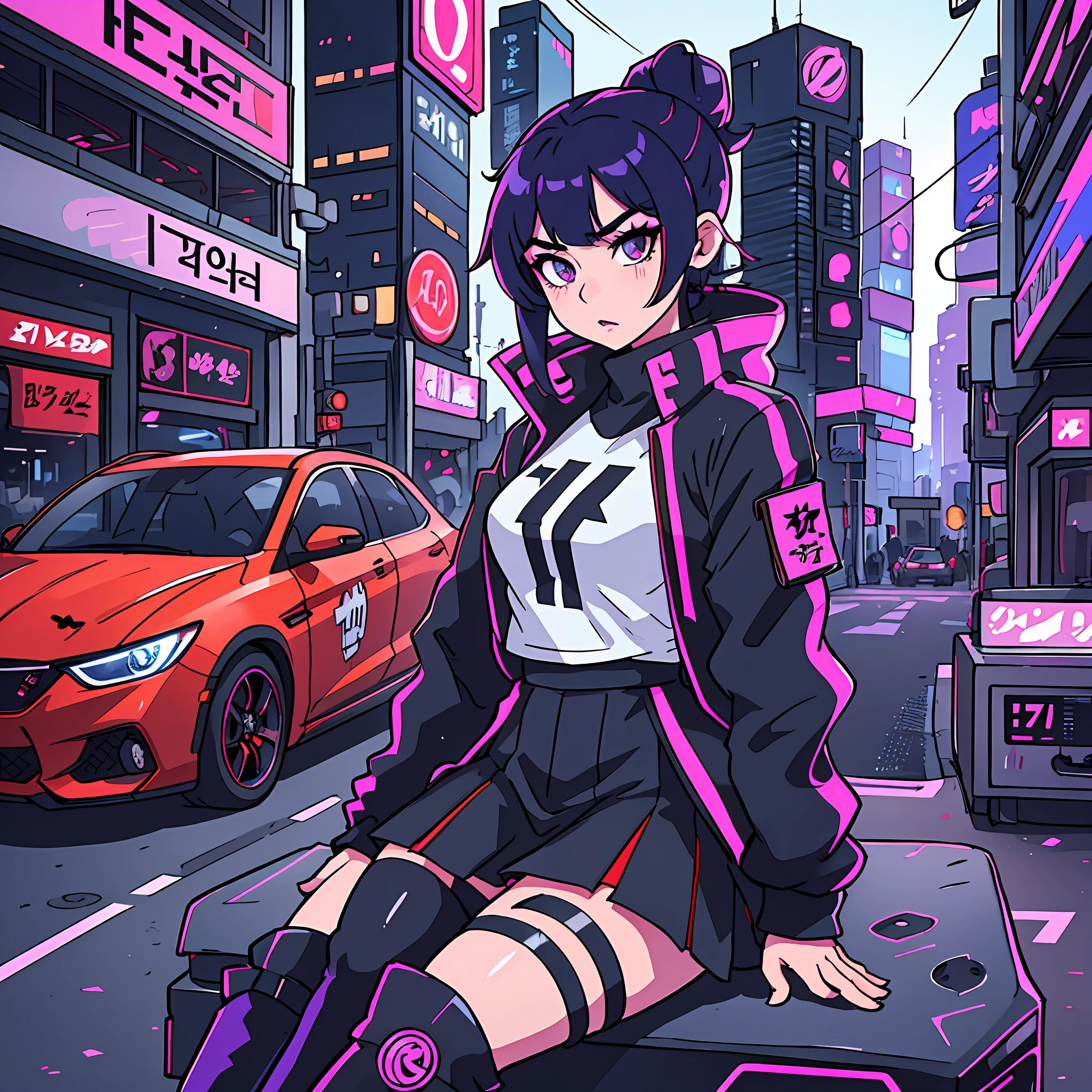 arafed woman in a short skirt and knee high boots standing on a car, on a parking lot, wearing japanese techwear, cruel korean goth girl, soft devil queen madison beer, wearing cyberpunk streetwear, mid body shot, she is wearing streetwear, cyberpunk style outfit, 1 7 -  - old me goth girl, anime girl in real life, sitting in her car
