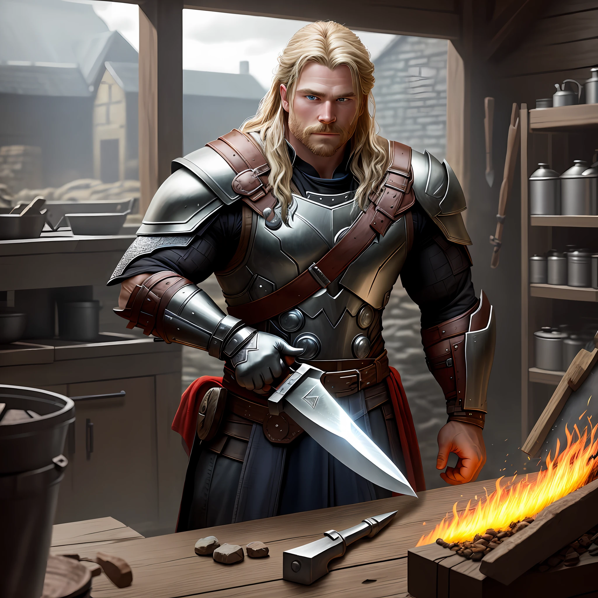 Thor,waering thor armor,working blacksmith shop,holding hammer making a knife,working in blacksmith area,8k,cinematic lighting,