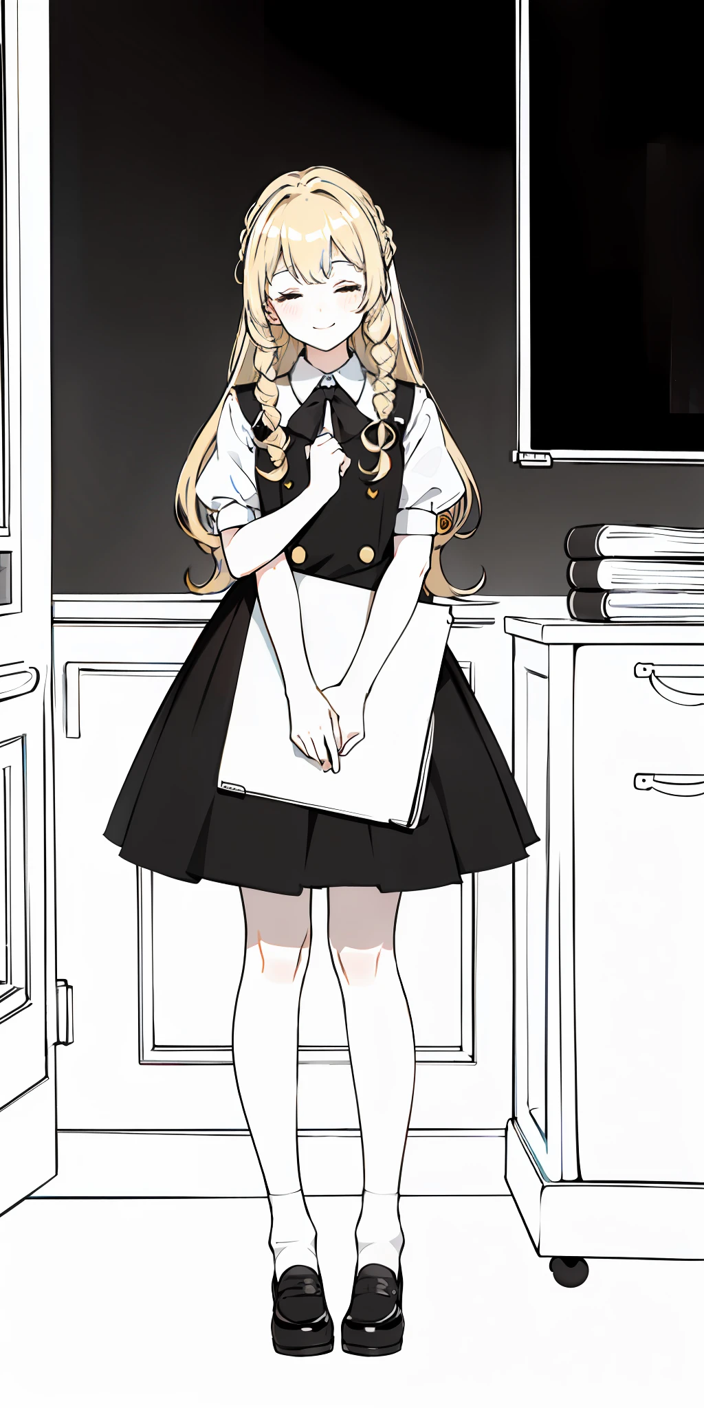 Color, (Masterpiece: 1.4), (Best Quality: 1.4), 8K, HD, Ultra HD, 1 Girl, (Big: 1.4), Long Blonde Hair,Small White Clothing, Short Black Skirt, White Socks, Desk, Reading, Holding a Pen, Curly, Blushing, (Smiling Happily), (Covering Hands, Covering Eyes)), Classroom, Blackboard