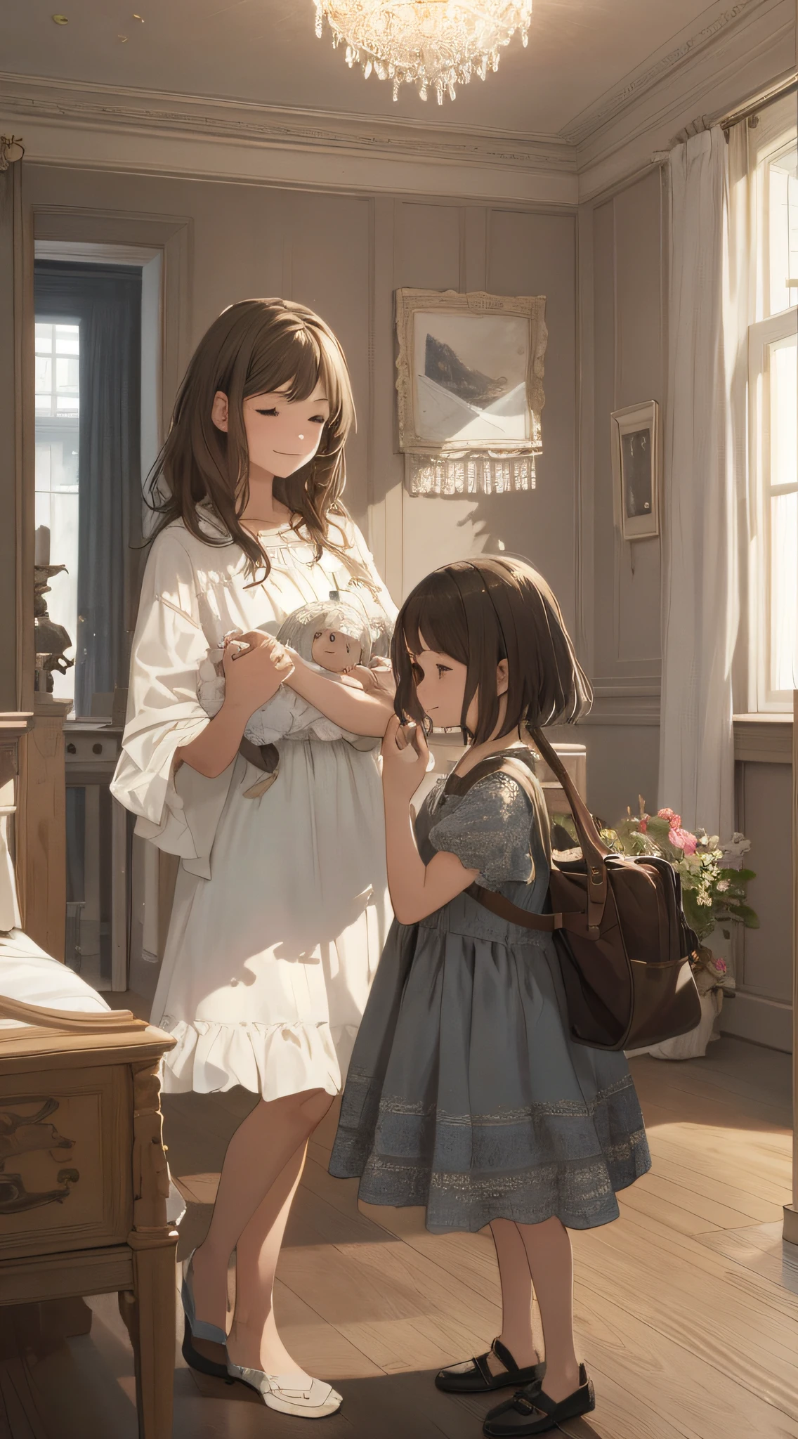 Realistic, (best quality, masterpiece: 1.3), (mother, : 1.2), modern style, in the room, happy, playing
