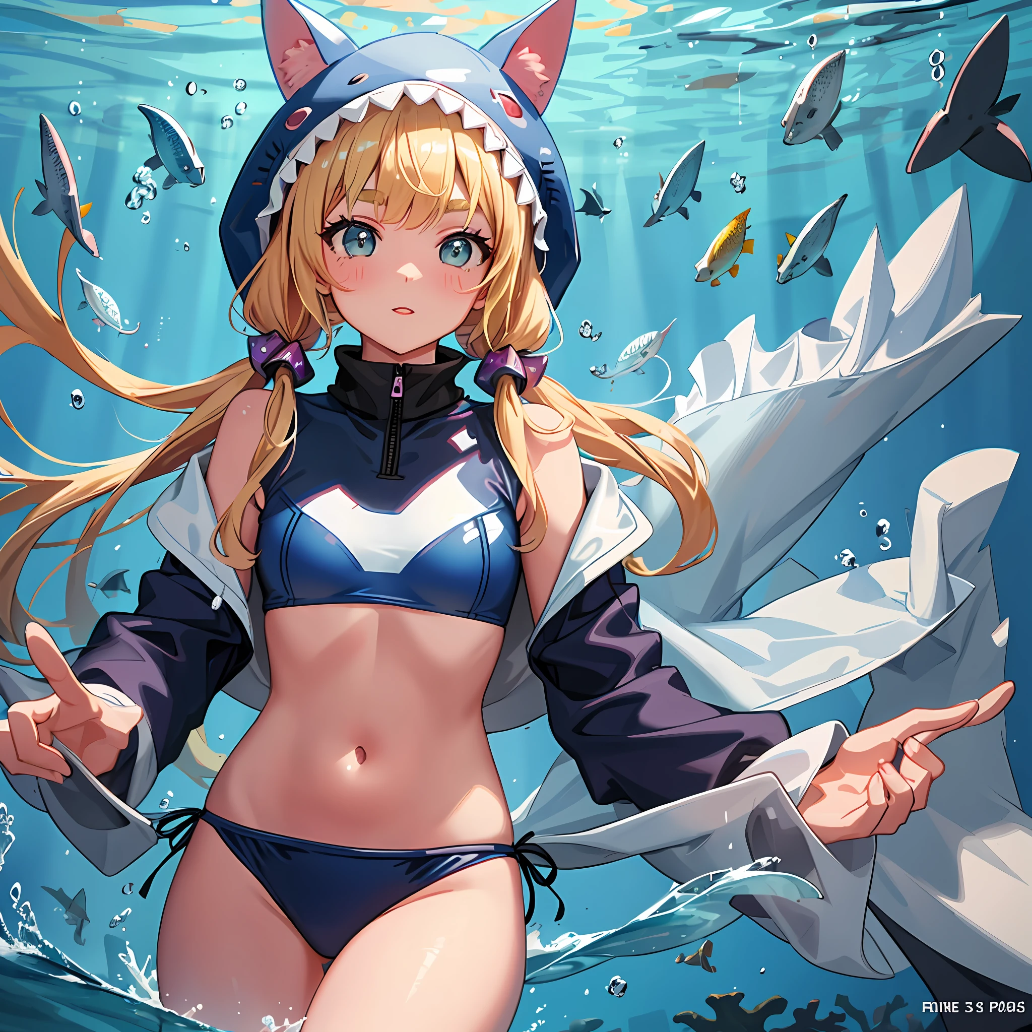 Rain poncho, shark hat, underwater, colorful school of fish, colorful coral reef, school swimsuit, active pose, pigtails, rabbit ears, small breasts, lower breasts, city pop color, female brat, thick eyebrows, thin waist, beautiful blonde, braid, (masterpiece), ((highest quality)), (super detailed), girl, (beautiful eyes)), beautiful detailed eyes, clean and detailed face, five fingers, textile shading, perfect anatomy,