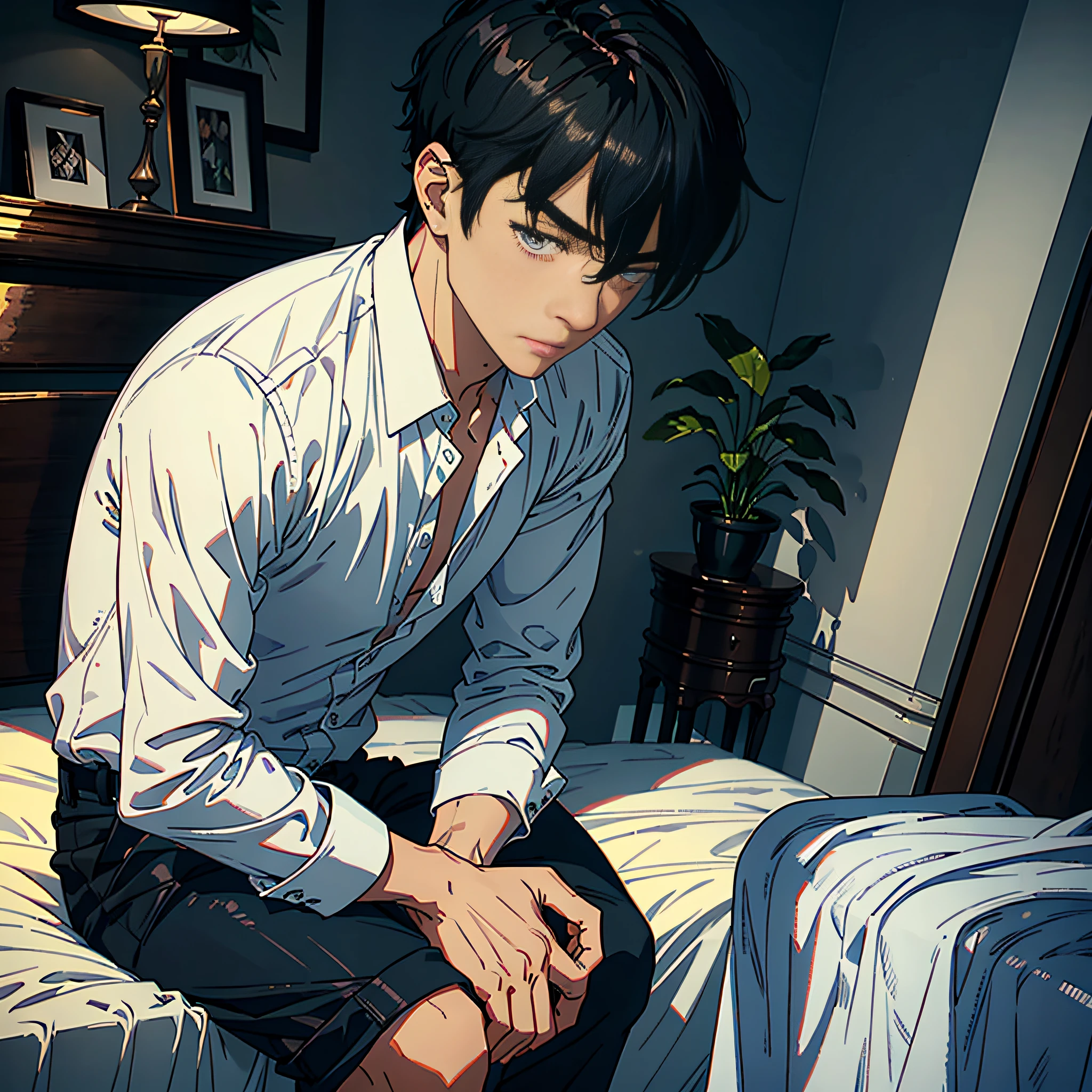 Best quality, the finest drawing, 1 man sitting on the bed, white shirt, short black hair, black eyes, handsome, blank eyes, dumbfounded expression