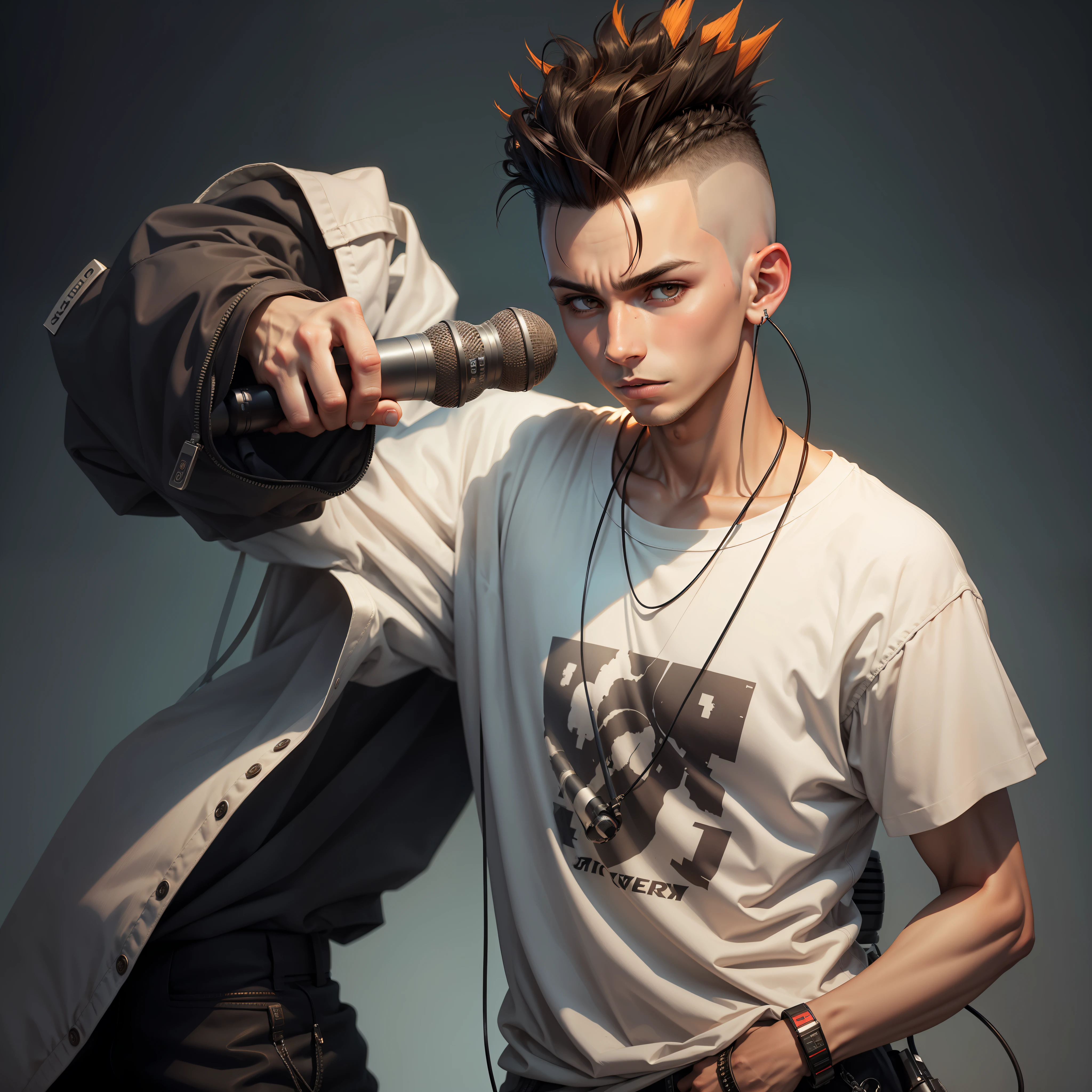 Mohawk boy, ear wider, and baggy shirt, and microphone in hand