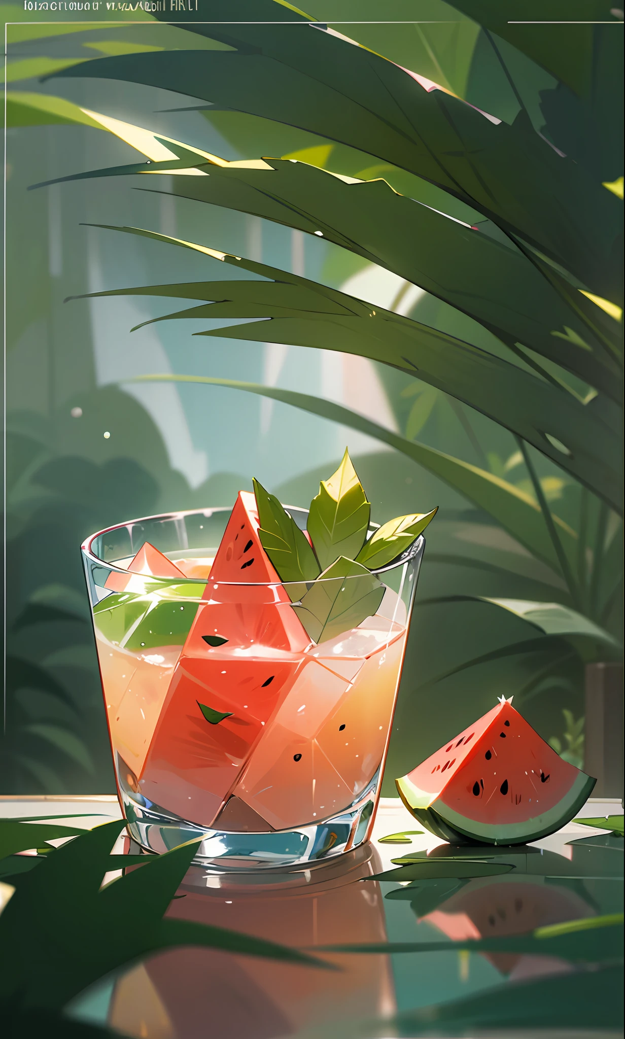 Wallpapers, poster, Drinks, Ice Cubes, Watermelon, Tropical Plants, Hot Weather, HD Detail, Moist Watermark, Ultra Detail, Movie, Hyper Realism, Soft Light, Deep Focus Bokeh, Ray Tracing, Diffuse (Ultrafine Glass Reflection) and surrealism --niji 5