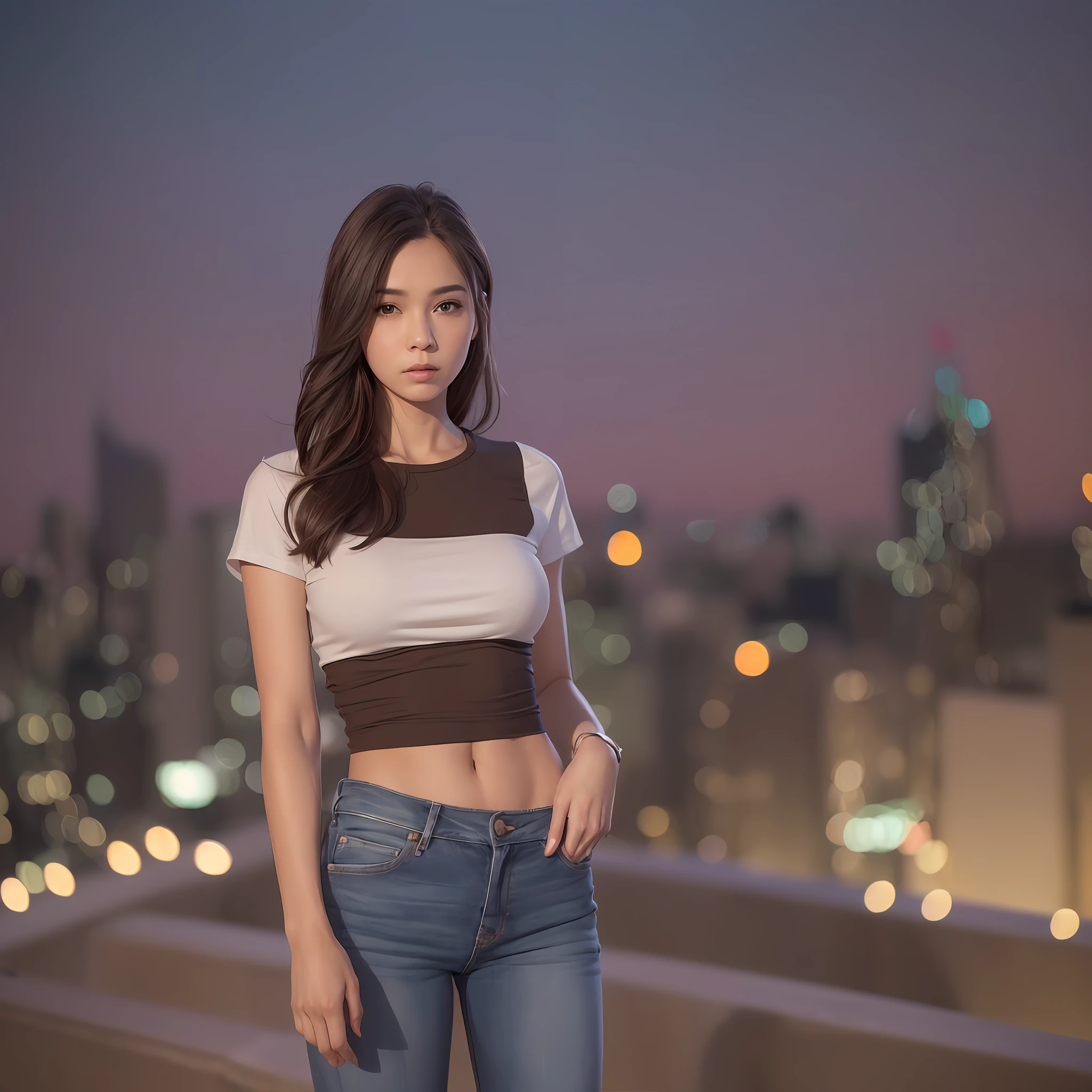 ((Midnight, Premium, 8K, Masterpiece: 1.3)), Full Body, Long Legs, Focal Length: 1.2, Perfect Body Beauty: 1.4, Slim Abs: 1.1, ((Dark Brown Hair, Poor Breasts: 1.2 )), (White Skinny T-shirt, Denim Biggers, Standing: 1.2), ((City Night View, Roof: 1.3)), Highly detailed face and skin texture, Detailed eyes, Double eyelids --auto --s2