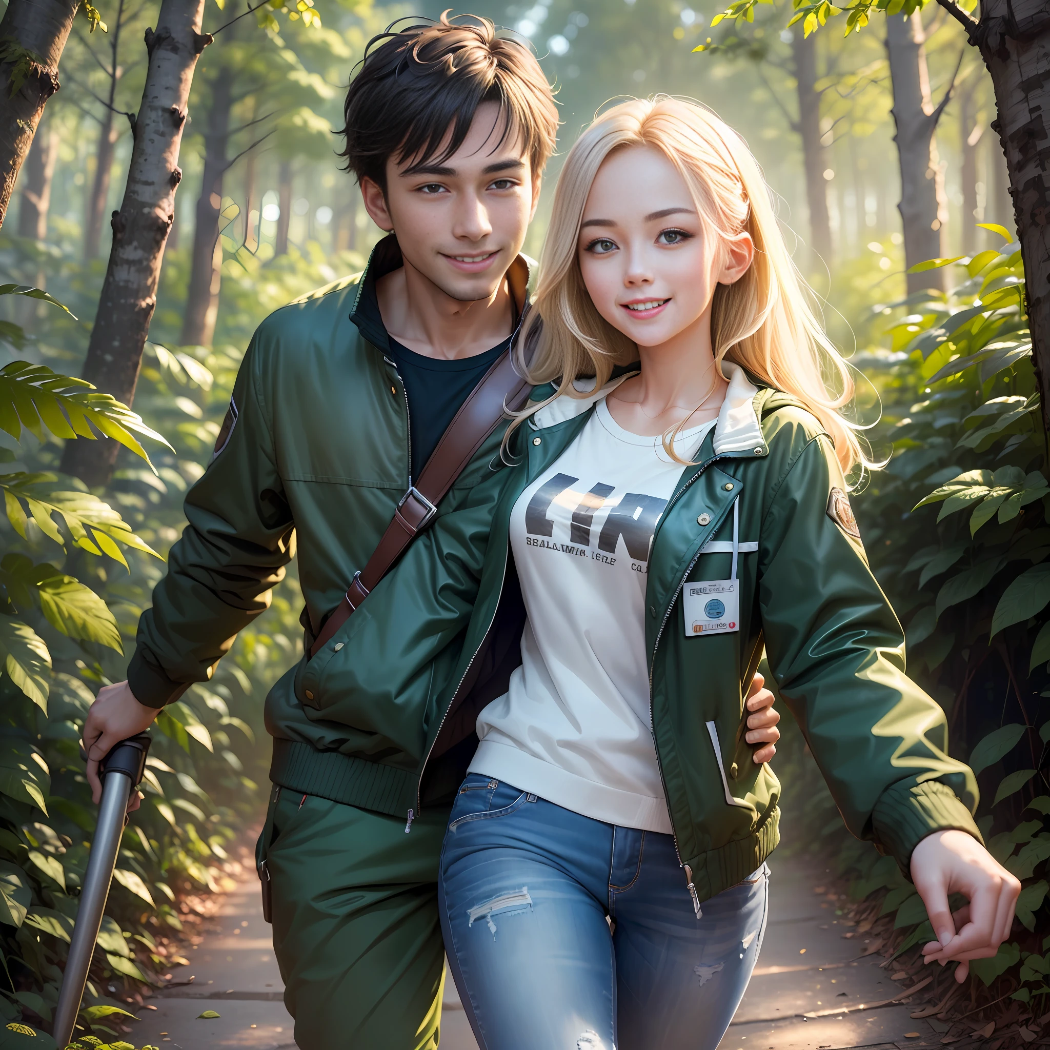 ((((Medium shot))), couple, (a man and a woman), two individuals, deep forest, adventure, frolic, hitting, sweet, happiness, smile, storm jacket, sweater, jeans, happy, pretty eyes, playful, surrealism, pov, romanticism, cinematic lighting, 8K, UHD, masterpiece, ccurate, anatomically correct, textured skin, high detail, high quality, high resolution, award-winning, best quality, 16K, bad body, bad hands, bad legs.