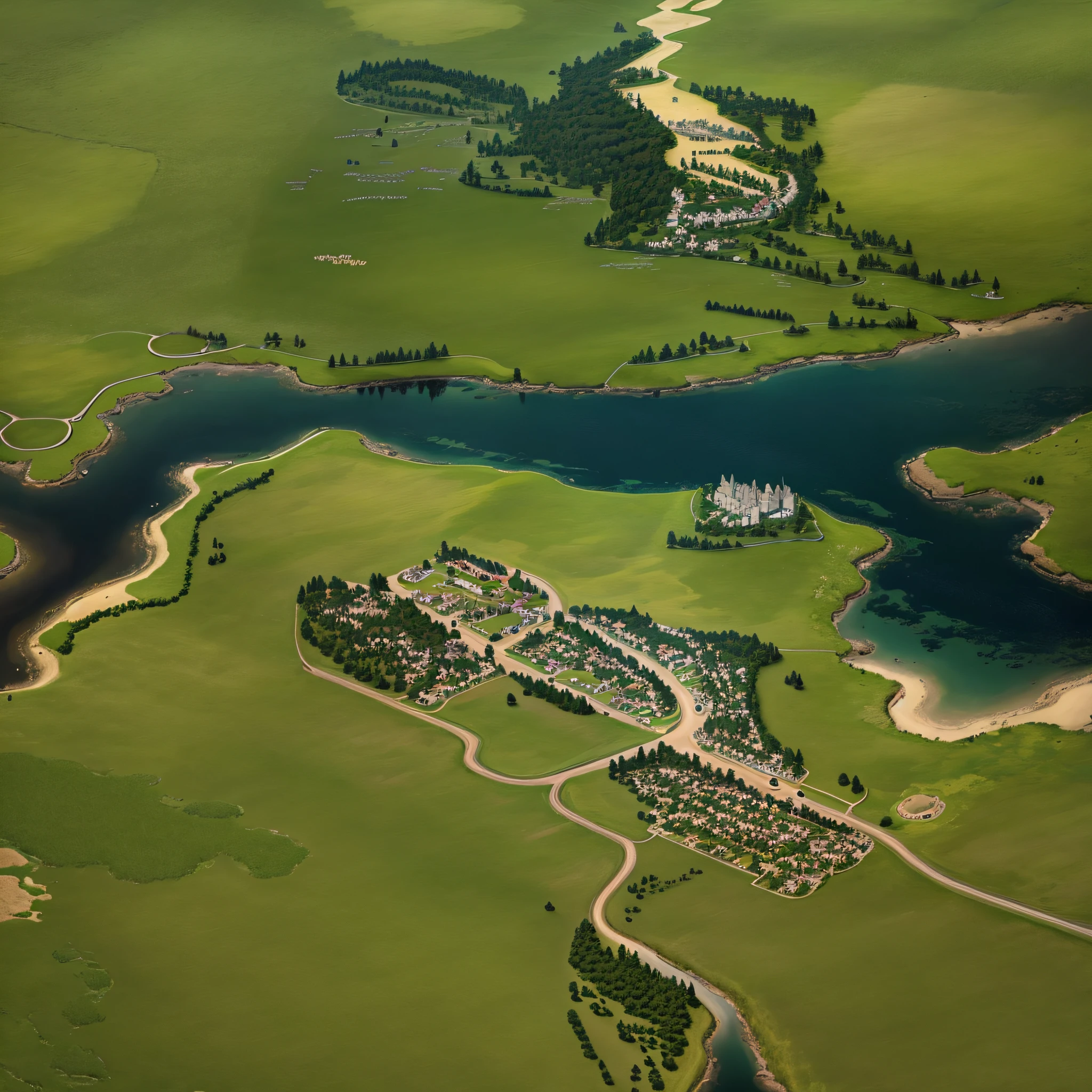 araffes in a field with a river and a forest, steam workshop maps, no trees, hyper detailed, zoom out very far, game map, grassy plains, coastline, highly detailed terrain, an expansive grassy plain, entire city visible, detailed scenery — Width 672, highly detailed maps, simple fantasy maps, r/battlemaps, detailed terrain, rock walls of river channels