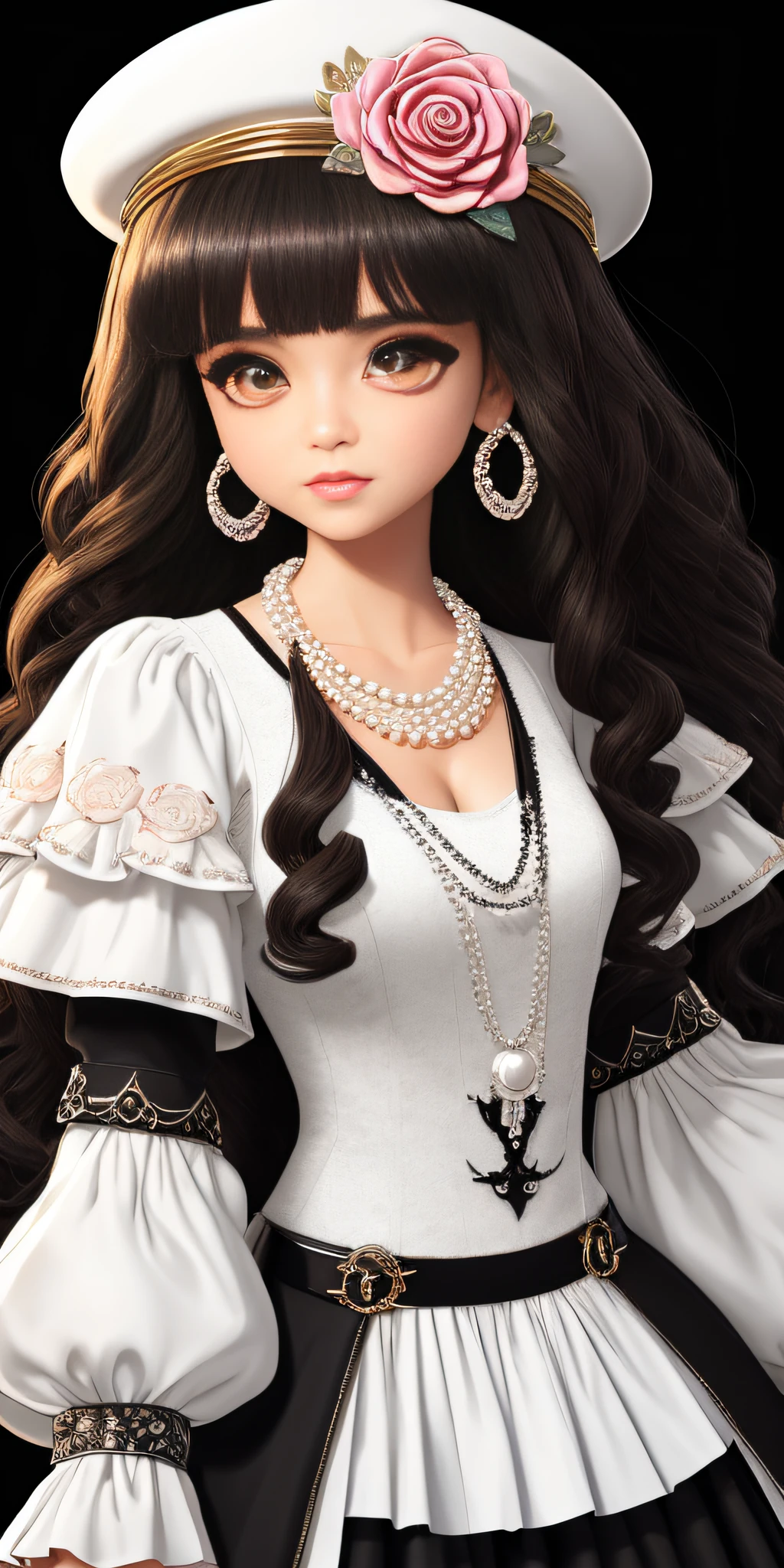 chibi, Beautiful girl, Miss Chanel coco, Big eyes, exquisite facial features, Brown hair with curly hair, White embroidered rose patterned dress, White hat, trendy clothing, Wear pearl earrings, Pearl Necklace, in the style of unique character design, zbrush, cute cartoonish designs, baroque-inspired figurative works, cartoonish character design, cartoon realism, realistic yet stylized, light silver and dark black, clean background, movie lighting, Epic light and shadow, Strong contrast between light and shade, pop mart, Fashion toys, Blind box, 3D art, OC rendering, IP, behance, Close-up, best quality --niji 5 --style expressive --s 400